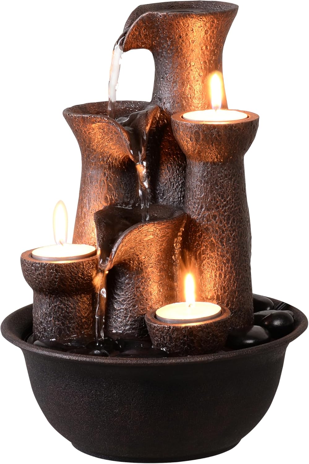 Tabletop Fountain 3 Candles, Indoor Waterfall Fountain for Meditation, Desktop Waterfall Fountain 3 Tiered, Resin Room Decor for Office Home Relaxaion, Housewarming Gifts New Home, Brown with Rocks
