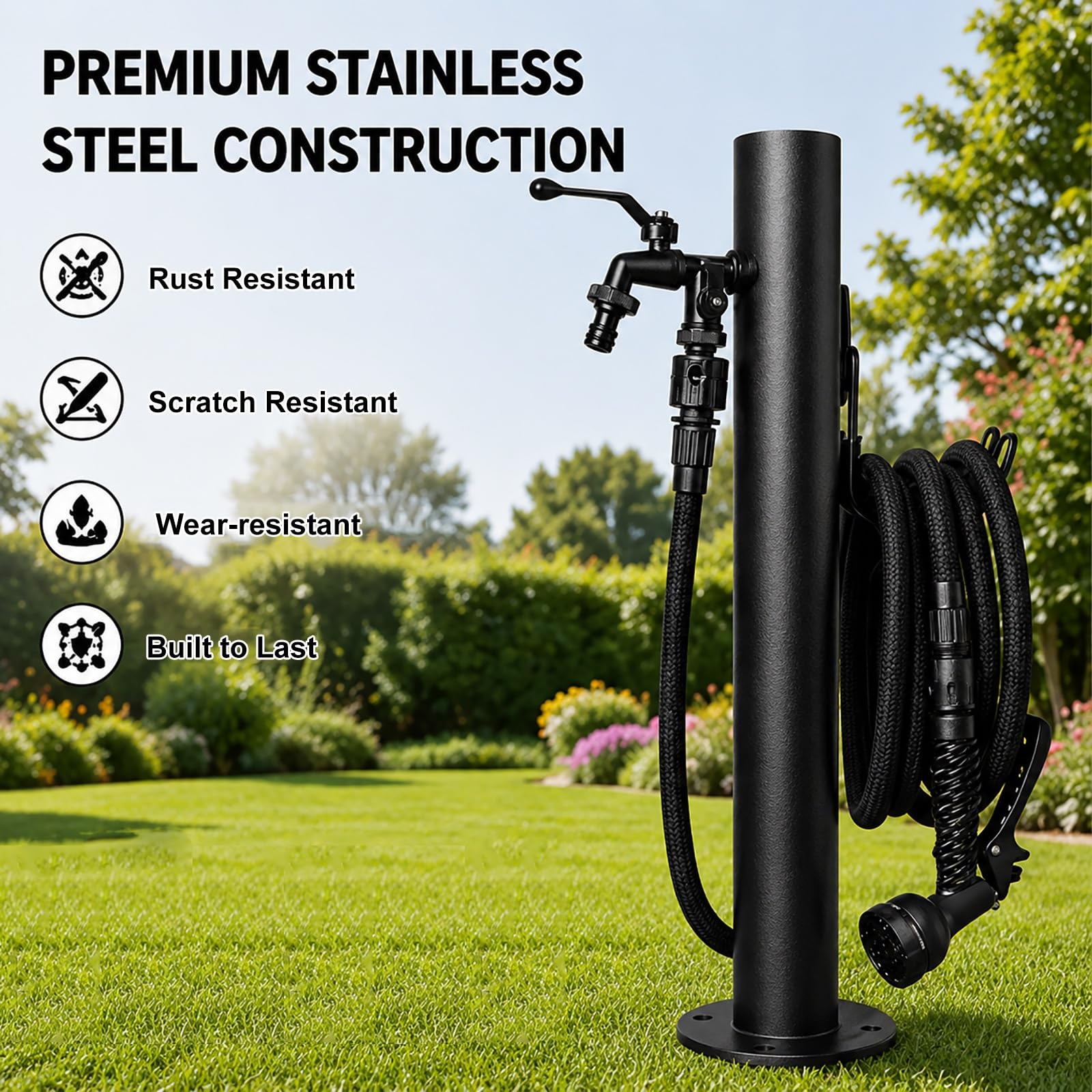 Fuente Jardin Exterior Negra, Columna de Agua del Jardín Independiente con Grifo Exterior Anticongelante para El Riego de Traspatio y Patio(6x95cm/2.4x37in)