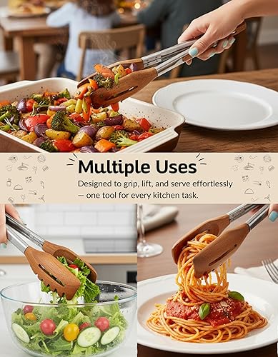 Miniatura 7 de Pinzas de cocina 3 en 1 y servidor de pasta, pinzas multifunción de nogal de 12 pulgadas con puntas planas y horquillas ranuradas para pasta,