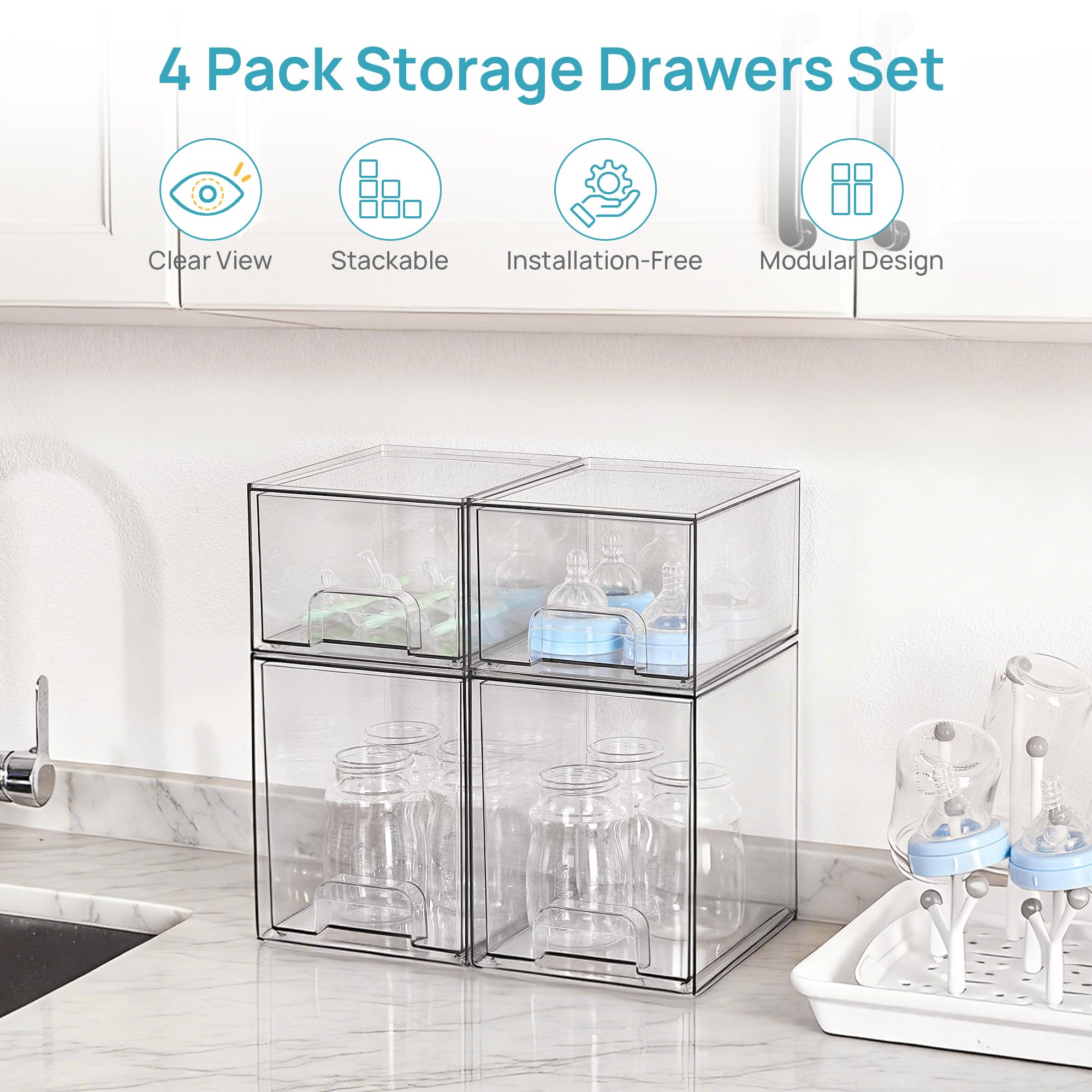 Vtopmart Set di 4 organizer trasparenti per biberon, cassetti impilabili, ideali per piani di lavoro, vanità, bagno, armadio, dispensa