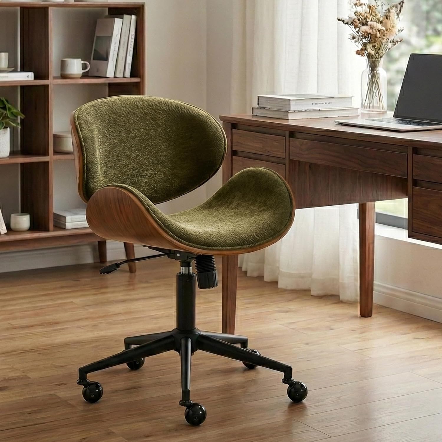 Rowill Home Office Chair with Rocking Function, Solid Wood Comfy Curved Desk Chair with Wheels, Height Adjustable Swivel Task Chairs, Chenille Green, Modern Walnut Style