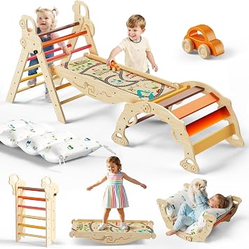 10-in-1 Pikler Triangle Set with Cushion, Sahara Sunset | Foldable Montessori Climbing Toys for Indoor Play, Wooden Toddler Gym for Balance, Coordination and Car-track Fun