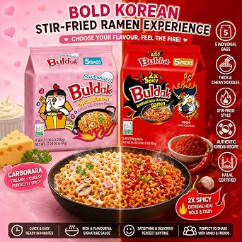 Buldak Noodles Carbonara and 2X Spicy Chicken Flavor Ramen 10 Pack (Pack 5 Each Flavour) - Ramen Instant Noodles Excellent for Snack and Soups