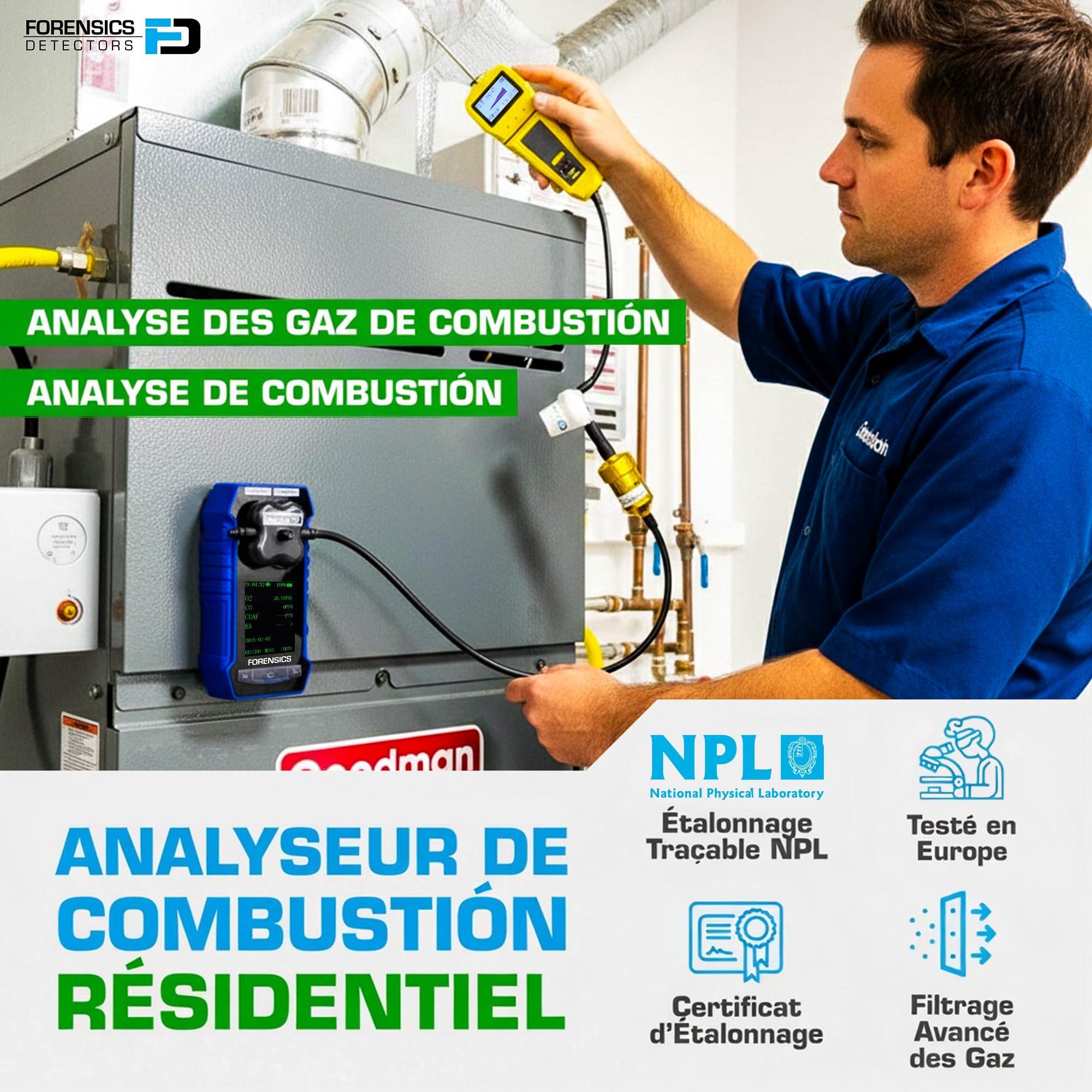 Analyseur De Gaz De Combustion (Flue Gas) | CO, O2, COAF Et EA | Piège À Eau, Filtres À Particules Et NOx | Certificat d'étalonnage UE | FD-4S-FLUE