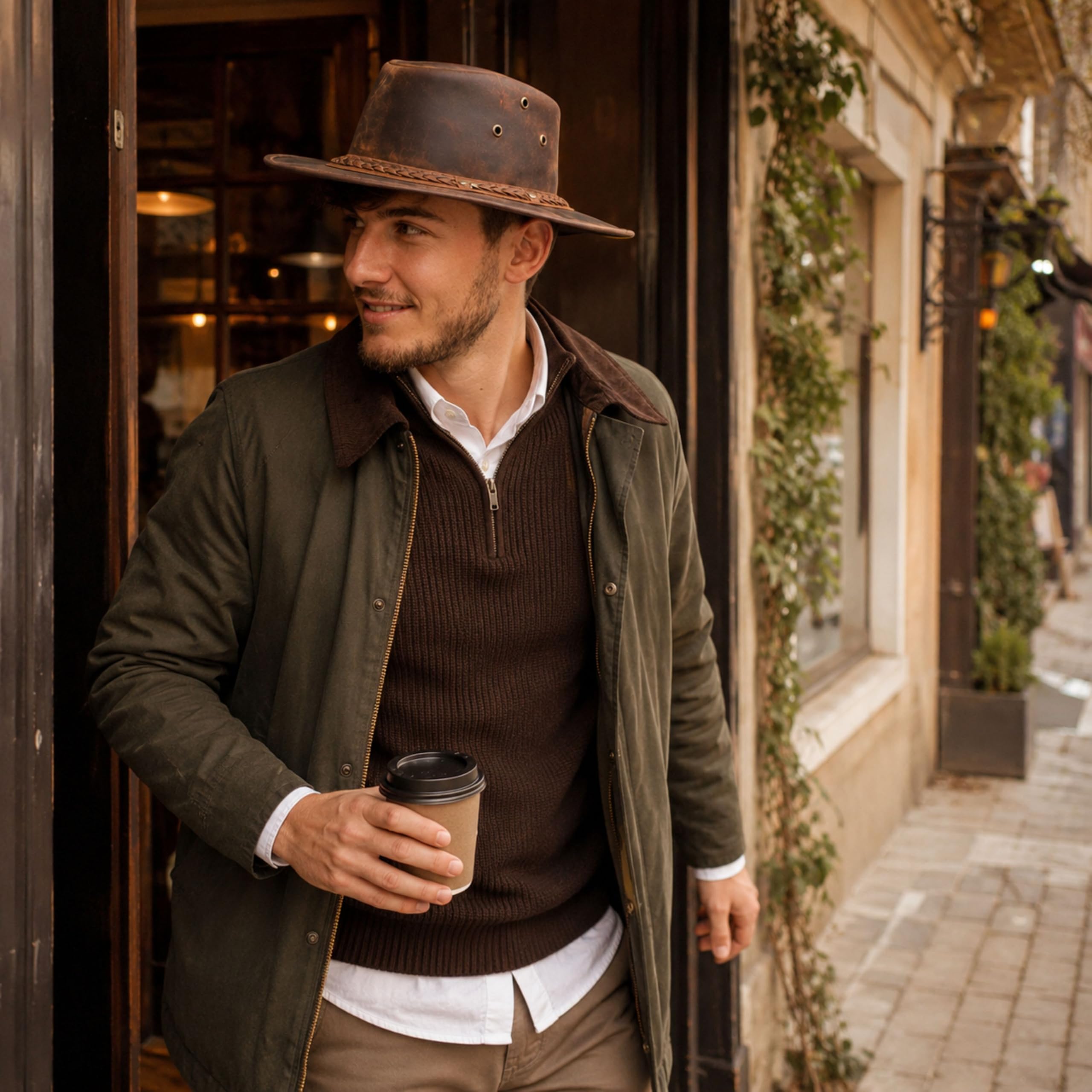 hodalump Lumpi Hut - Trachtenhut aus 100% echtem Büffelleder - Handgefertigter Lederhut im Vintage Look - Trachten Accessoire für Herren & Damen