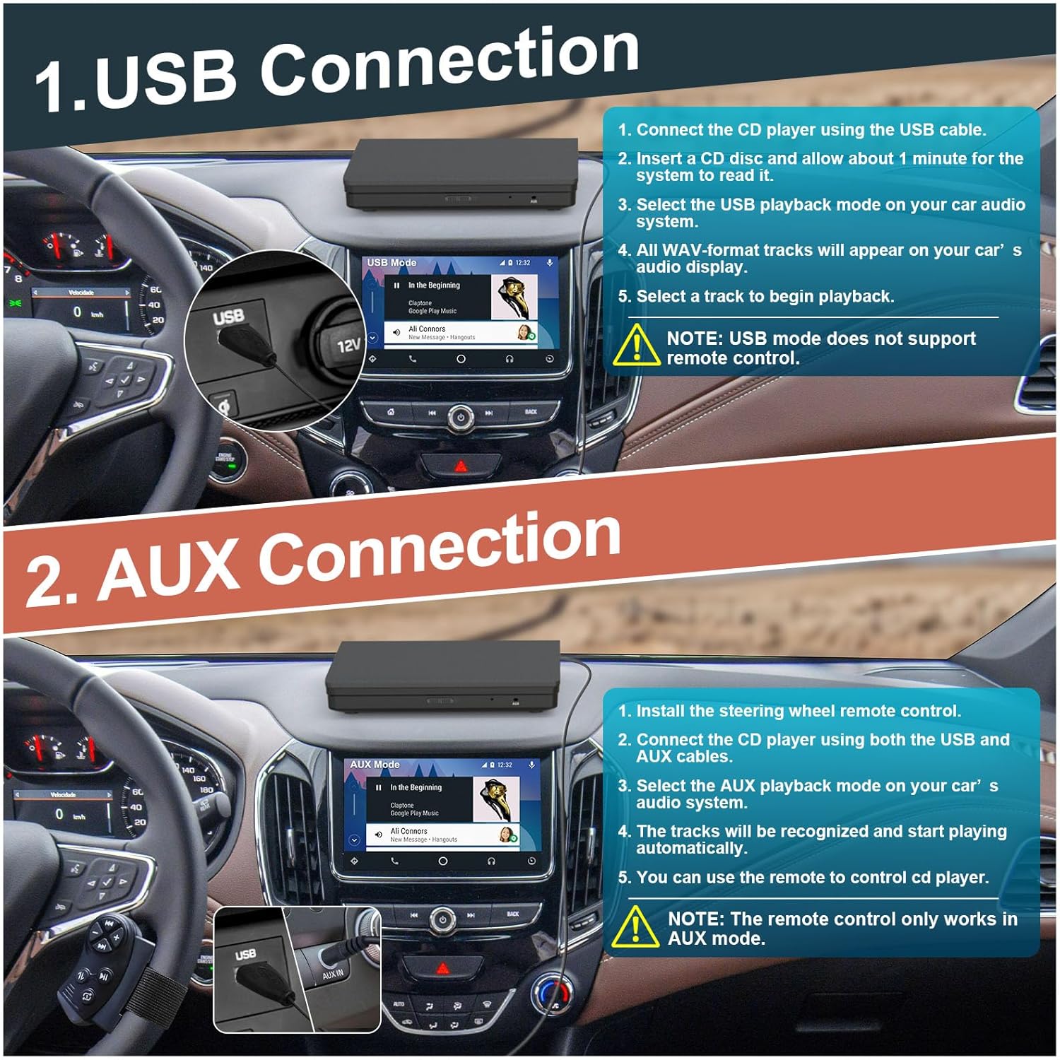 Cd Player for Car - External Car CD Player with Steering Wheel Remote, Plug & Play USB/AUX Connection, Portable CD Player for Cars, Anti-Shock Noise Reduction, Hidden Cable Storage