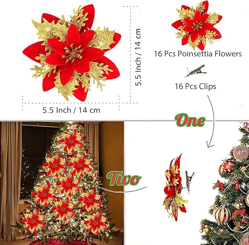 Miniatura 2 de 20 flores de Pascua artificiales con purpurina de 5.5 pulgadas, decoración de árbol de Navidad, adornos de Navidad con purpurina con clips,