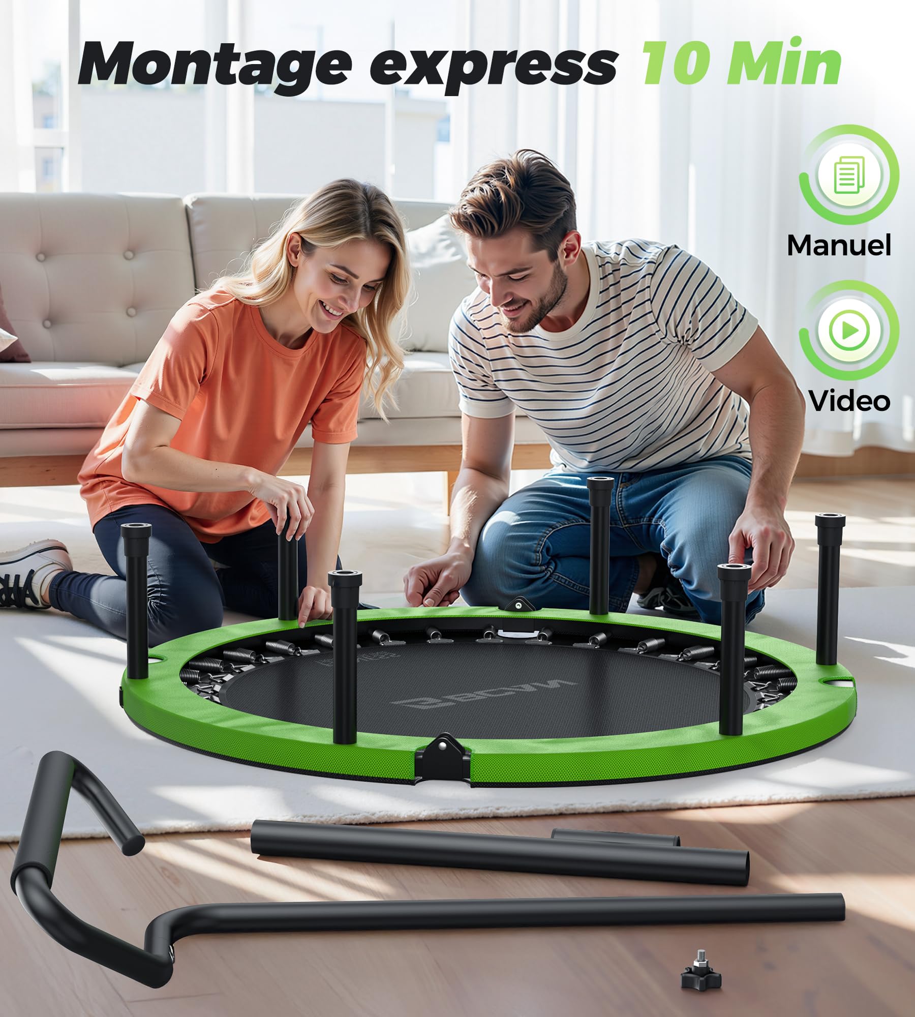 Trampoline d'intérieur BCAN, Mini-Trampoline de Fitness Pliable de 102 cm, pour Adultes, avec poignée réglable, Charge maximale de 150 kg, idéal pour l'entraînement à Domicile et Les.