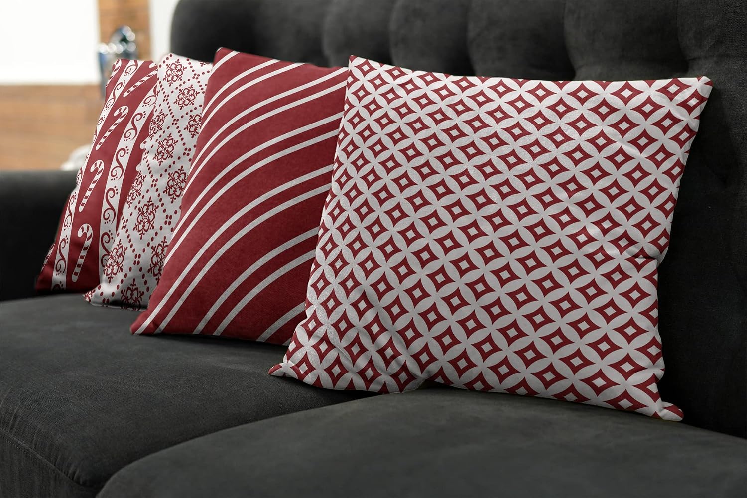Ambesonne Christmas Throw Pillow Cushion Case Pack of 4, Candy Cane Starry Ornaments Diagonal Stripes Dots and Circles Noel Navidad, Modern Accent Double-Sided Digital Printing, 18", Ruby and Burgundy