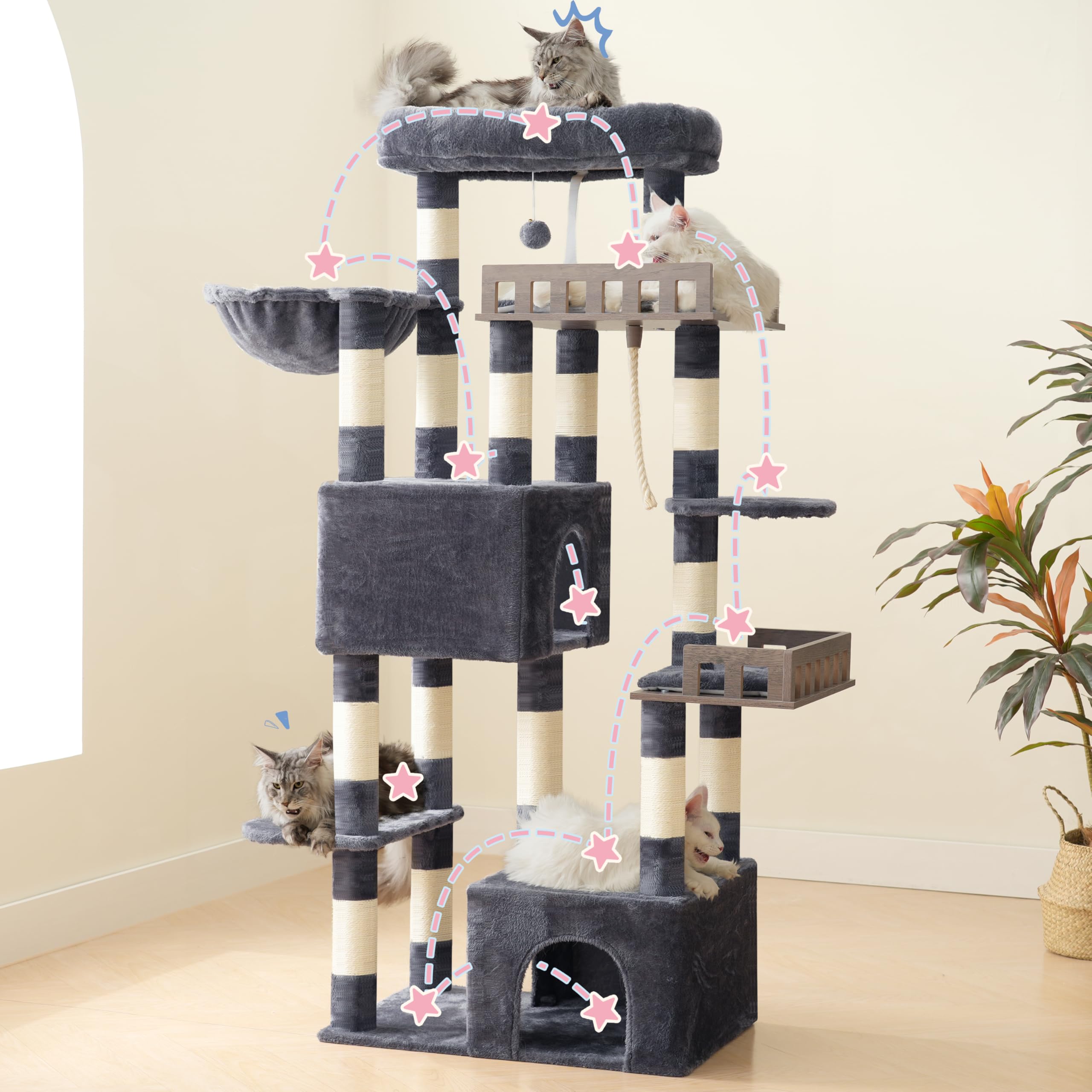 Gitelsnour rascador para Gatos Grandes, árbol para Gatos de 174 cm de Altura, con 2 Plataformas Colgantes Grandes, 2 Casitas para Gatos de Interior, 15 rascadores, Gris Ahumado GCT033G