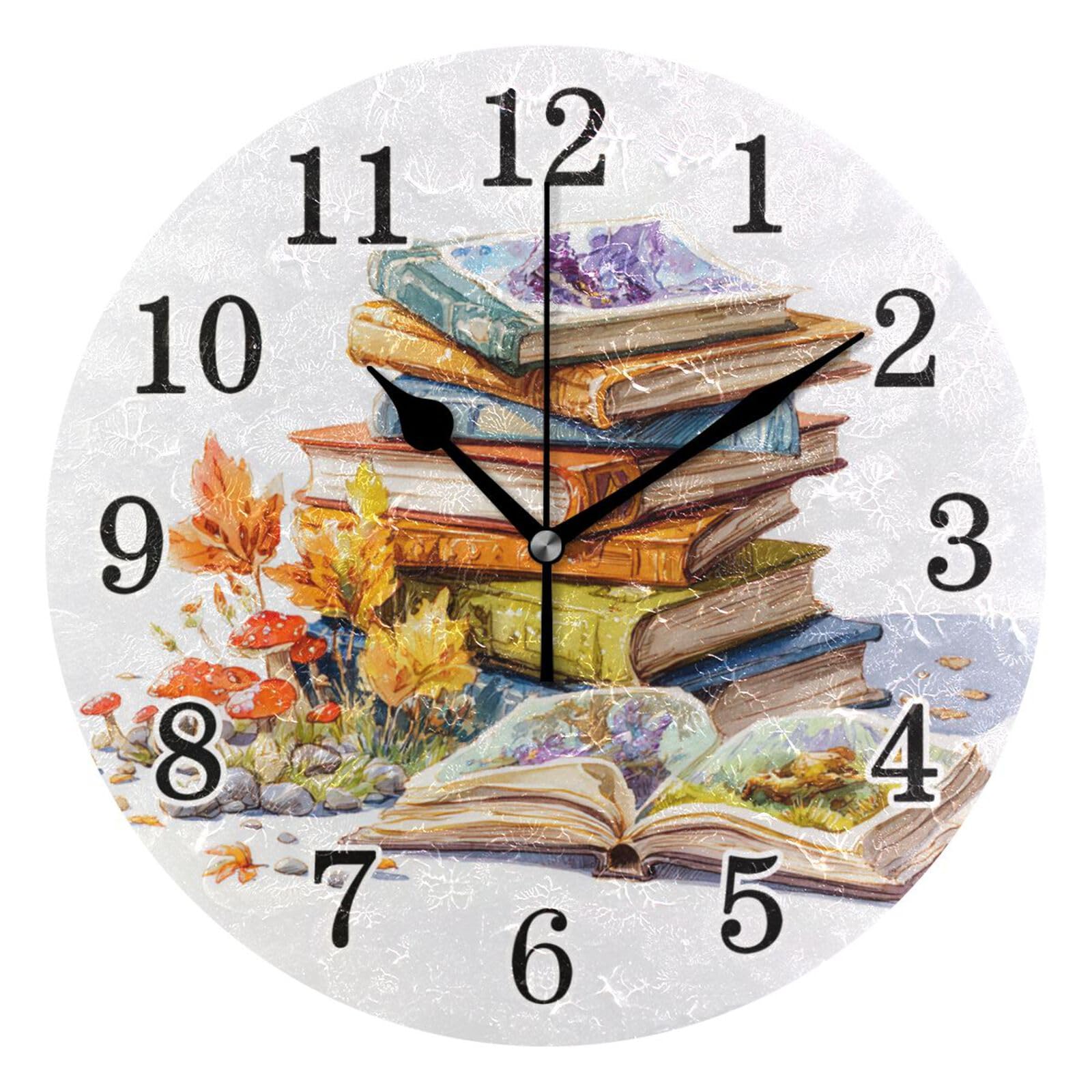 Horloge Murale Livres d'automne Deco pour l'Ecole et Cafe Pendule Silencieuse 25cm