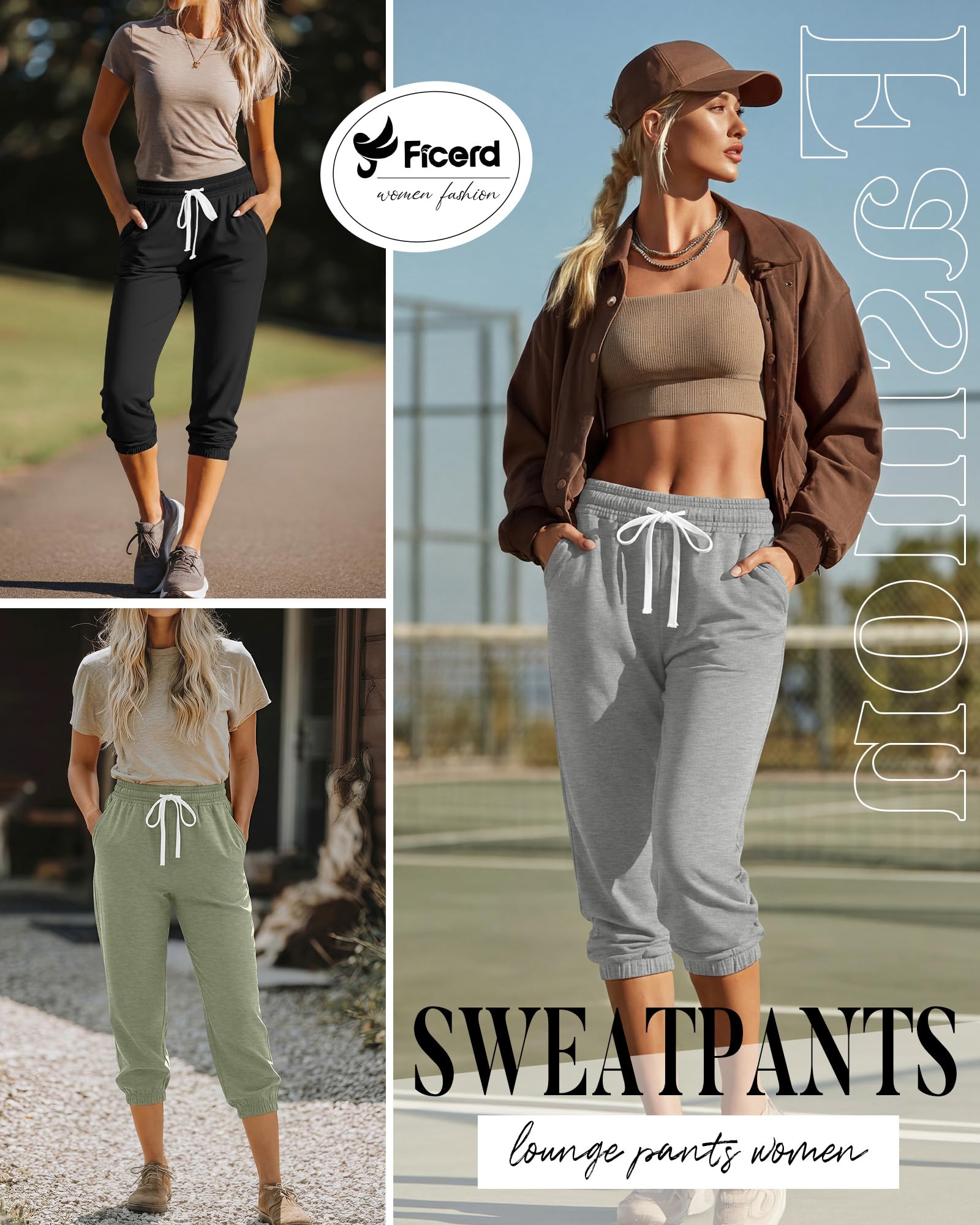 Ficerd 3 Piezas Pantalones Deportivos Capri para Mujer Estilo Jogger Informales de Verano de Cintura Alta con Bolsillos