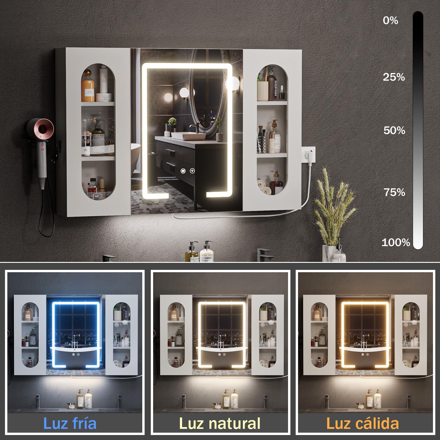 Armario Baño con Espejo LED iluminación y Función de desempañadora Armario Baño Espejo de Pared con Enchufe, 3 Compartimentos Grandes y Soporte para secador de Pelo, 100x65x16 cm