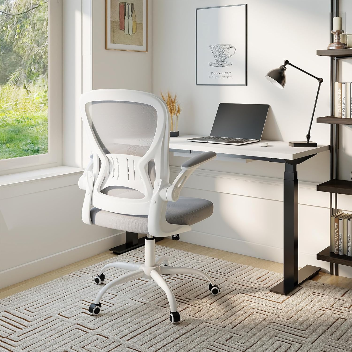 Youhauchair Mesh Office Chair, Ergonomic Home Office Desk Chairs with Flip-up Arms and Lumbar Support, Height Adjustable, Black