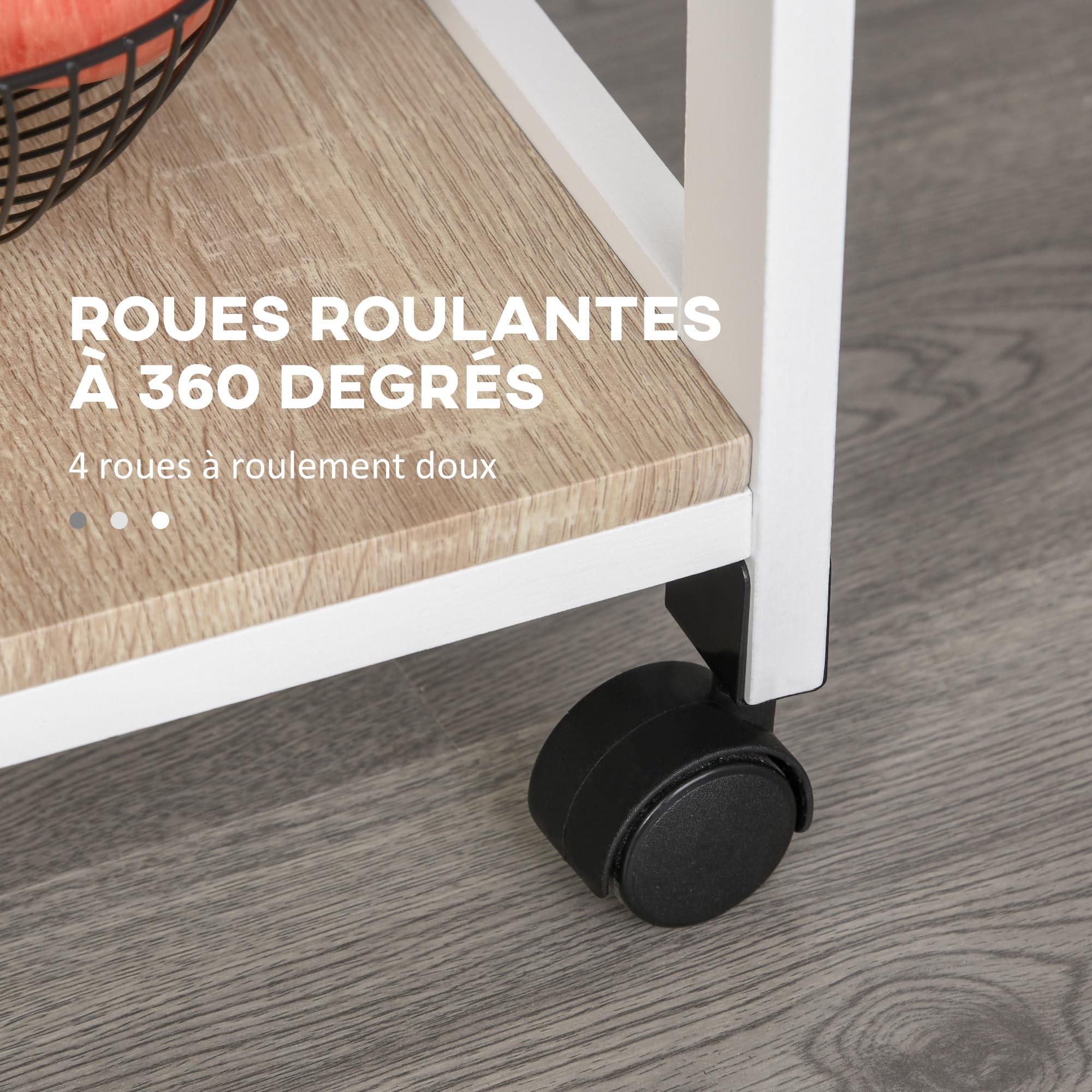 HOMCOM Chariot de Service Desserte de Cuisine à roulettes Blanc Chêne Clair | Panier, 2 Plateaux Amovibles, Tiroir, Étagère MDF Bois de Pin