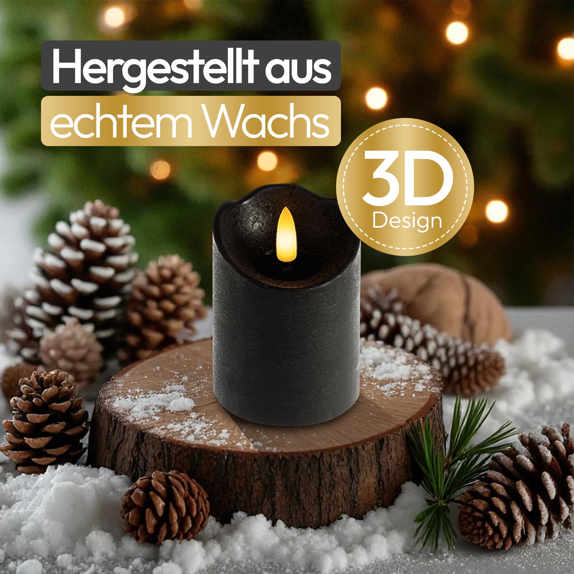 Meisterhome Juego de 3 velas LED negras, sin llama, con llama parpadeante, diseño rústico, con mando a distancia y temporizador, funciona con pilas, color blanco cálido, diámetro de 7,5 x 10/12,5/15