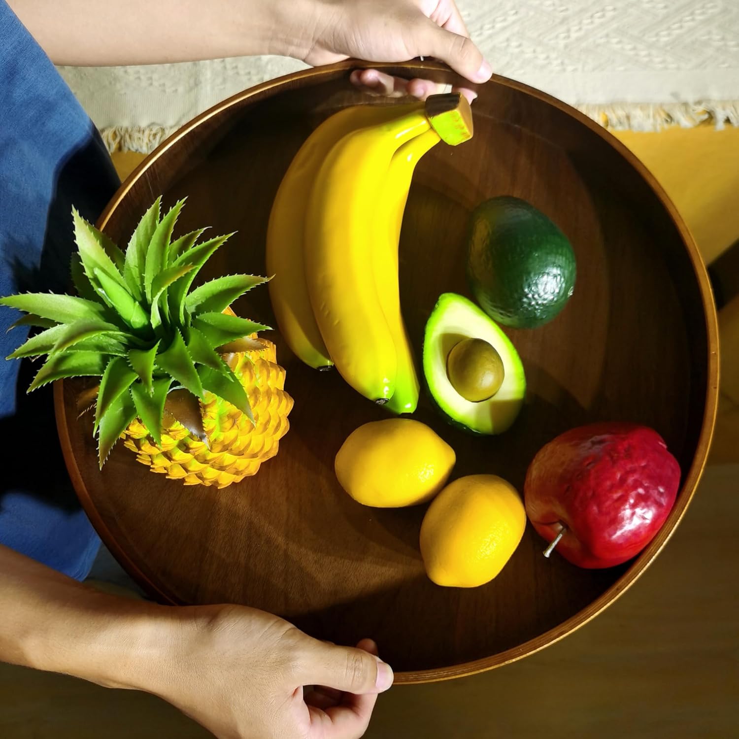i-lan 16-inch Wooden Lazy Susan Turntable - Large Decorative Rotating Tray Made of Walnut Wood with Dual Handles & Silent Bearing for Kitchen Dining Organizer