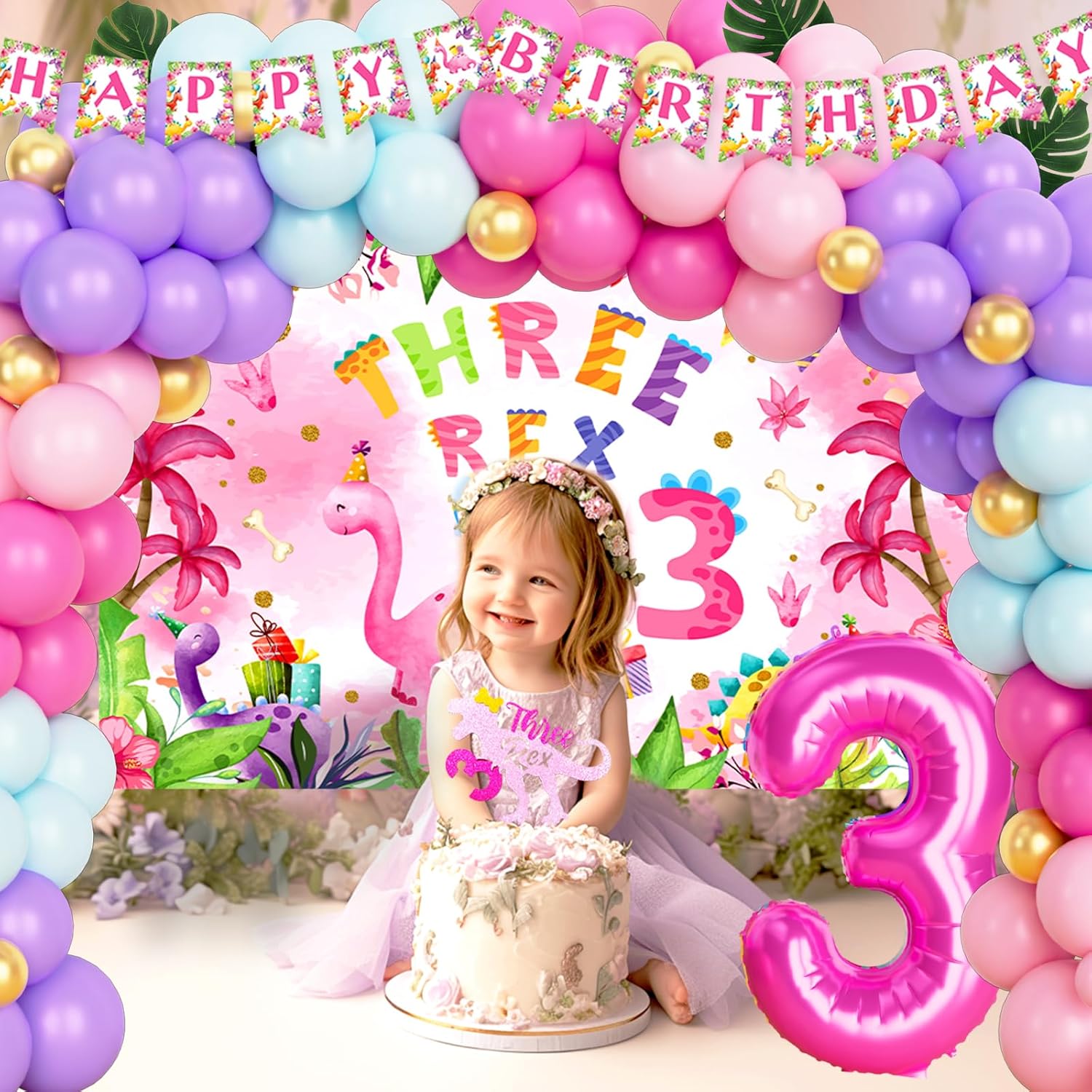 Three Rex Birthday Supplies Girl, 3rd Birthday Decorations for Girls, Pink Dinosaur Third Birthday Party Decorations, Backdrop Balloon Banner Tablecloth Cake Topper Plates Napkins Forks