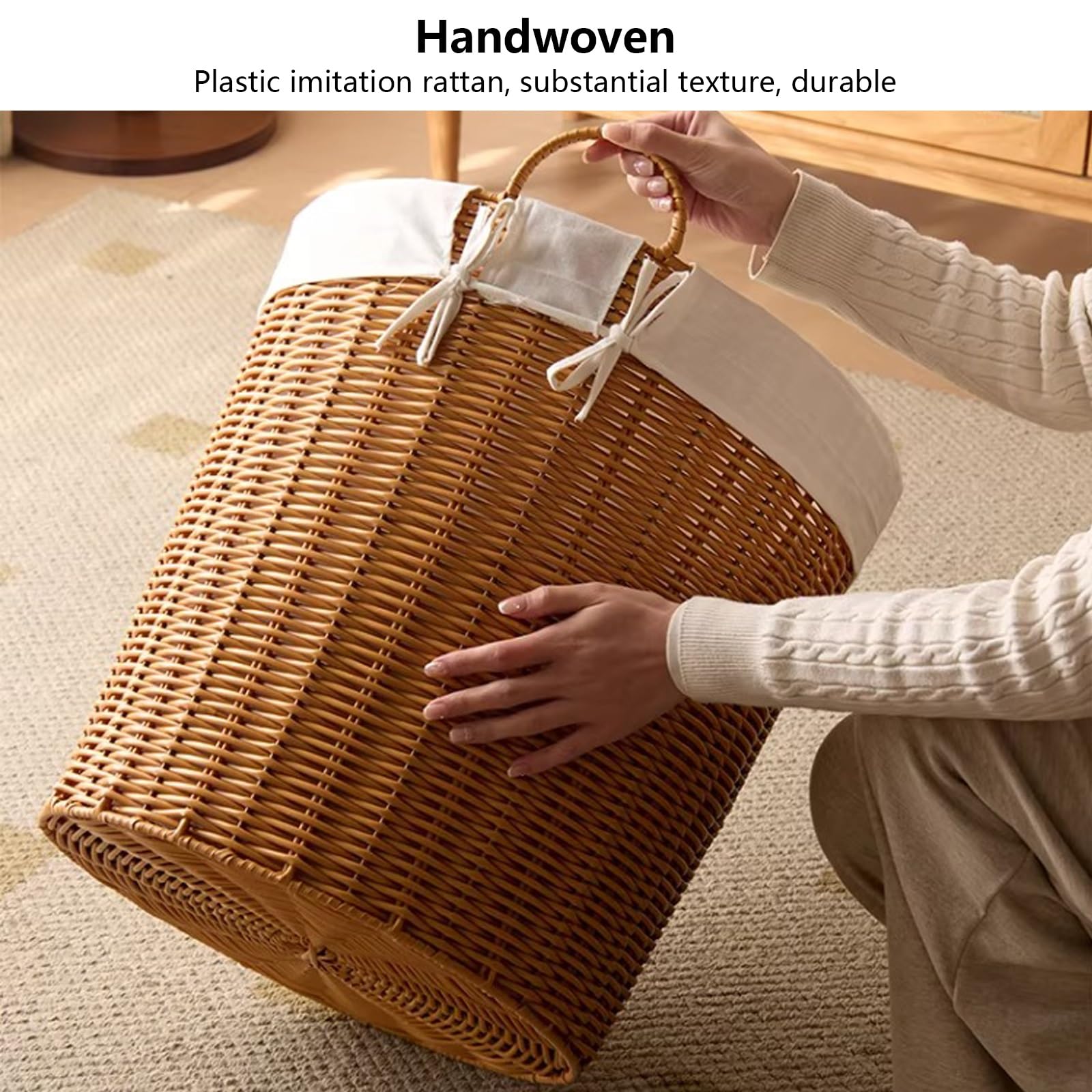 Imitat - Cesto portabiancheria portatile in rattan, 40,9 cm, con manici, ideale per bagno e camera da letto