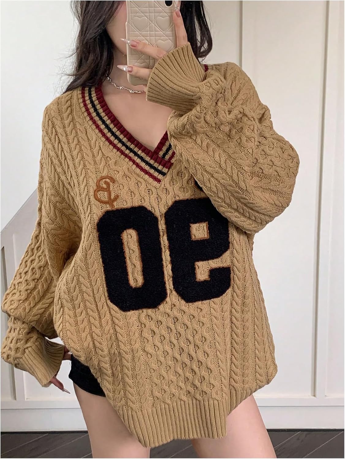 OYOANGLE Women's Number Graphic Cable Knit Sweater V Neck Striped Trim Y2K Oversized Pullover Tops - Image 2