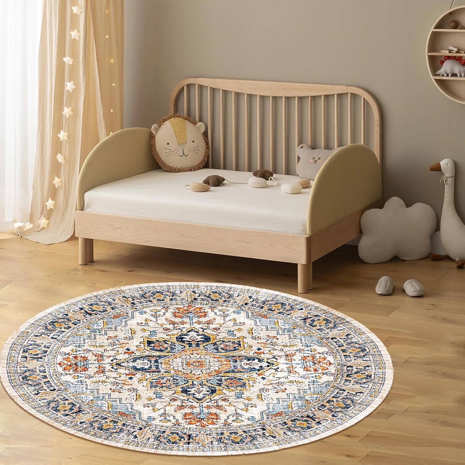 VK VK·LIVING Washable Round Rug 5ft Vintage Circle Area Rugs with Non-Slip Round Carpets for Living Room Bedroom, Stain Resistant Floor Carpets for Dining Home Office Boho Rug, Vintage Harbor