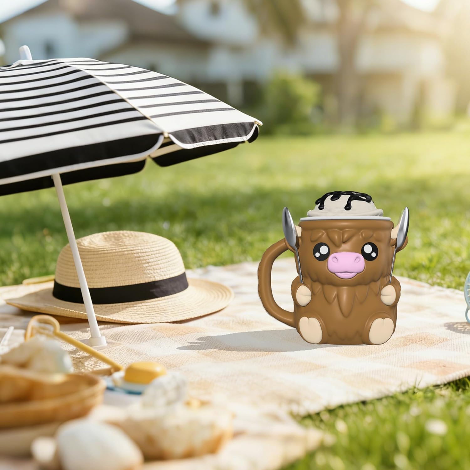 Highland Cow Ice Cream Pint Holder with Handle, Leak-Proof Ice Cream Container with 2 Spoons, Cute Animal Design for Ben & Jerry’s, No Cold Hands, Reusable Gift Idea (Light Brown) - Image 5