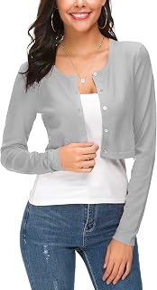 EXCHIC Damen Elegant Langarm Bolero Strickjacke mit Knöpfe Rundhals Festlich Gestrickte Shrug Kurz Cardigan für Kleider