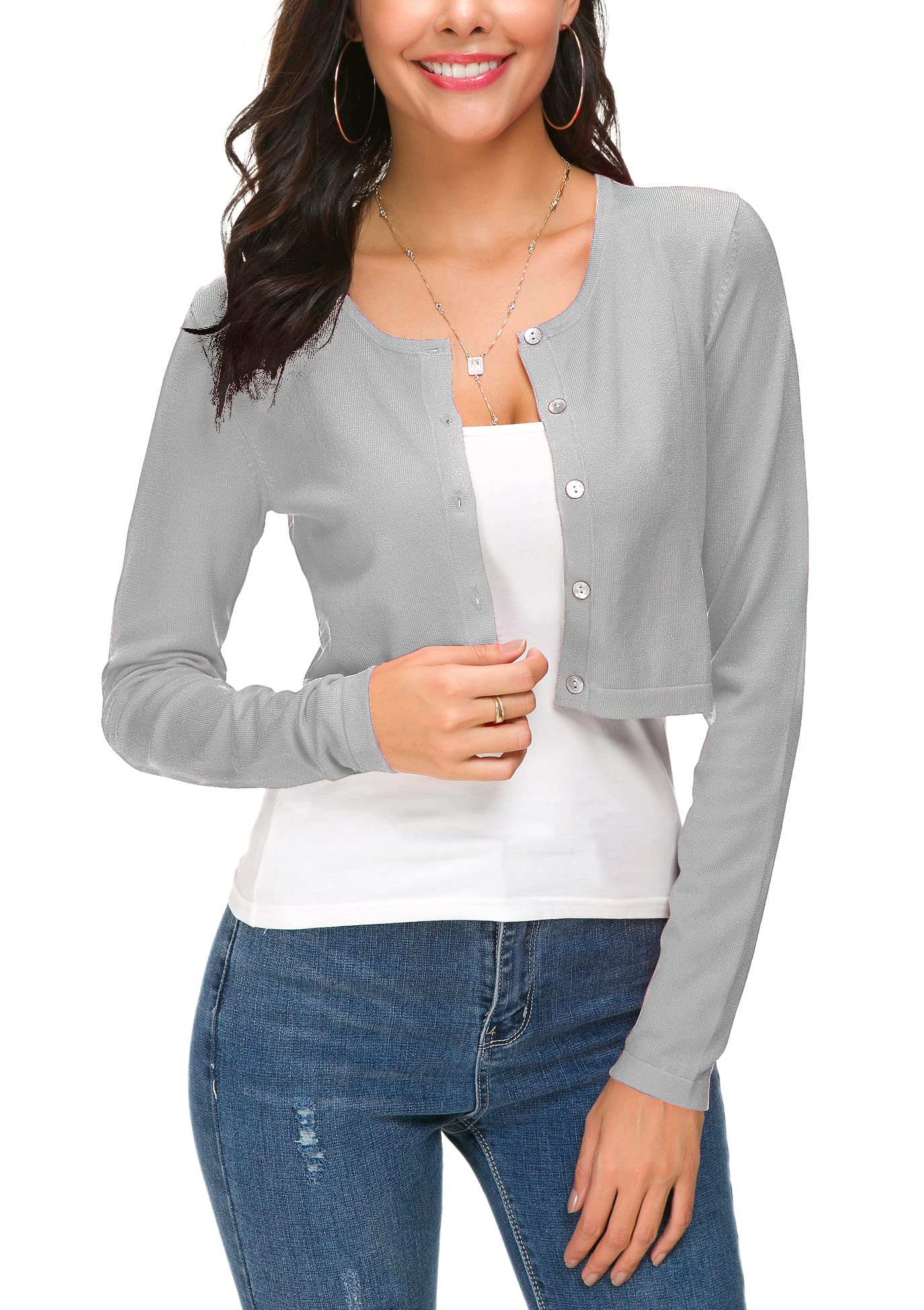 Mujeres Casual Manga Larga Bolero Cuello Redondo Corta Cárdigan Elástico Suéter de Punto Shrug con Botones