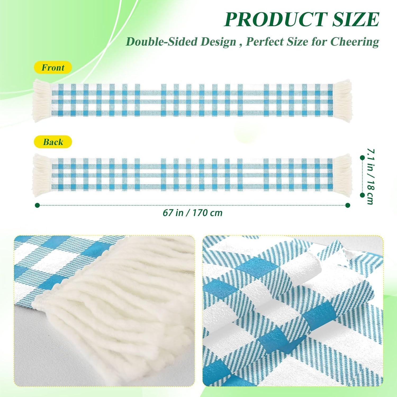 CHIFIGNO Gingham Plaid Blue Sports Fan Scarf Towel, Soft Absorbent Polyester Cheering Wrap for Soccer Games, Quick Dry with Fringe Ends