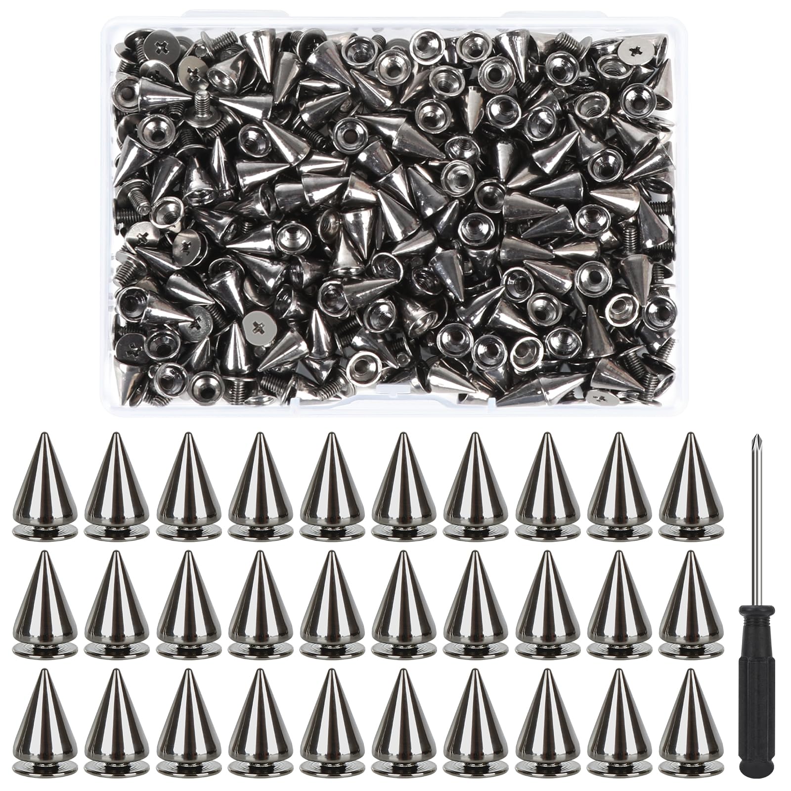 200 Pcs Cone Spikes Studs, 7x10mm, Metal, Colorfast, with Screwdriver