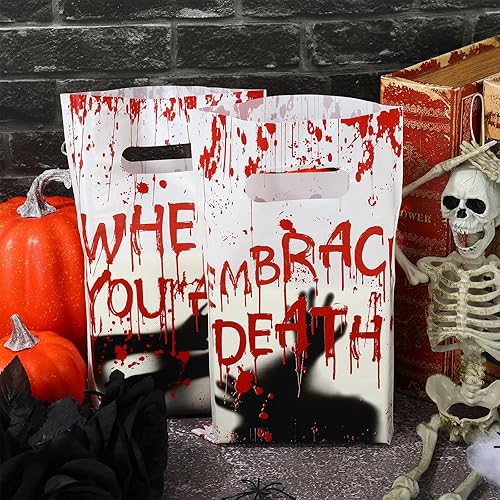 Miniatura 3 de Whaline 60 bolsas de regalo de plástico para fiesta de Halloween, con diseño de fantasma sangriento, bolsas de regalo de palabras aterradoras,