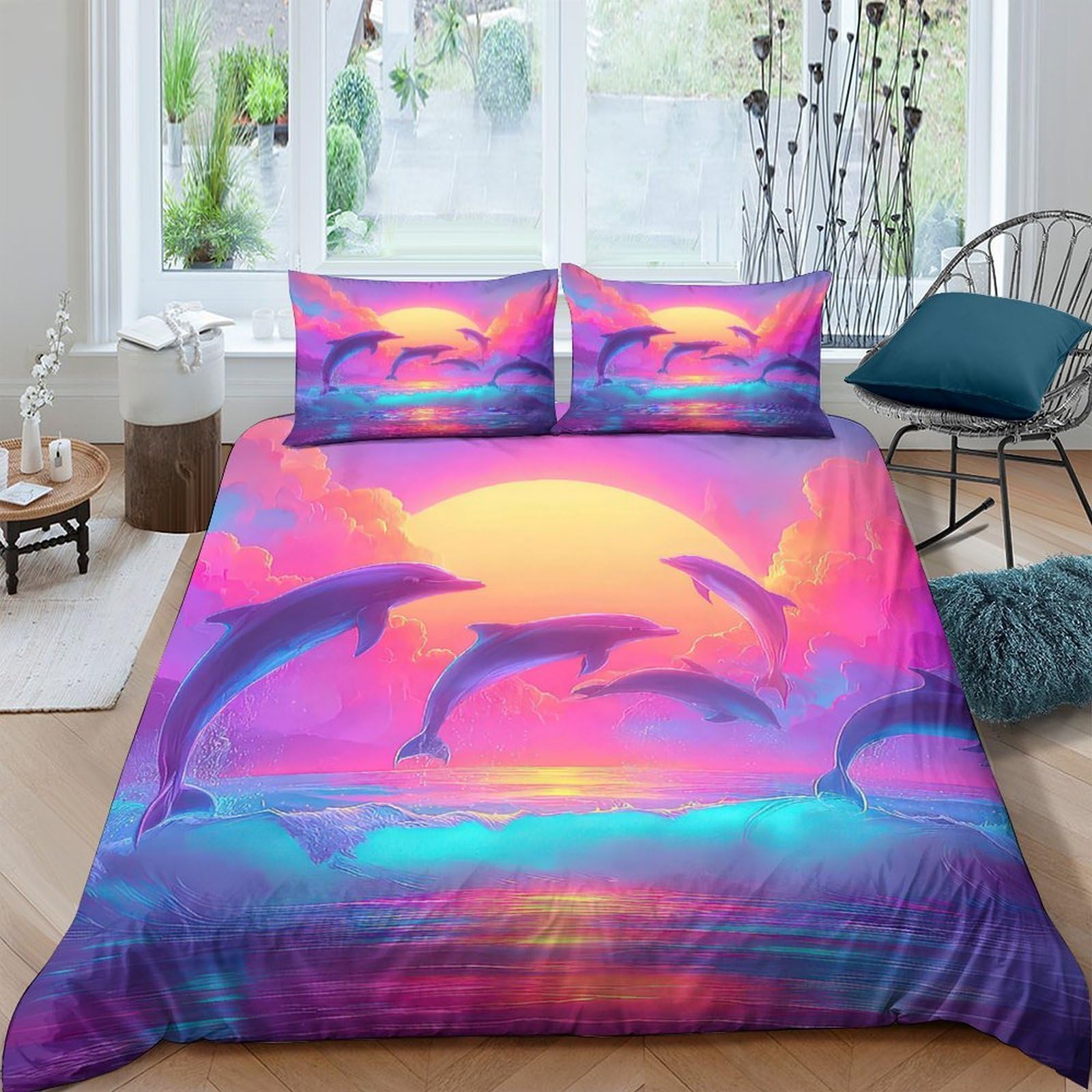 Ctjqhvkz Style-2 3D Printed Sunset Dolphin Fitted Sheet Microfiber Soft Ocean Wave Mattress Cover For Bedroom Decor Protection Single（135X200cm）