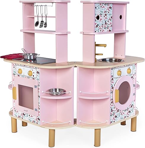 Janod Twist Kitchen - Juego de cocina de madera expandible de doble cara con 8 accesorios, 34 pulgadas de alto, juego de simulación, edades de 3 a 6