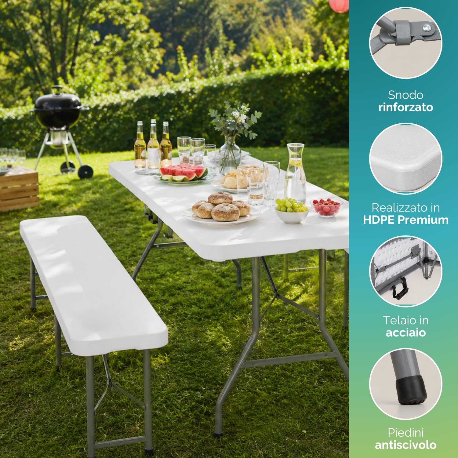 PALUPLUS Set Tavolo Catering con 2 Panche Pieghevoli, Tavolo da 180x71x74 cm e Panca da 180x29x43 cm, Set a Valigetta in Resina con Struttura in Metallo e Maniglia per trasporto -344F/8745F -28