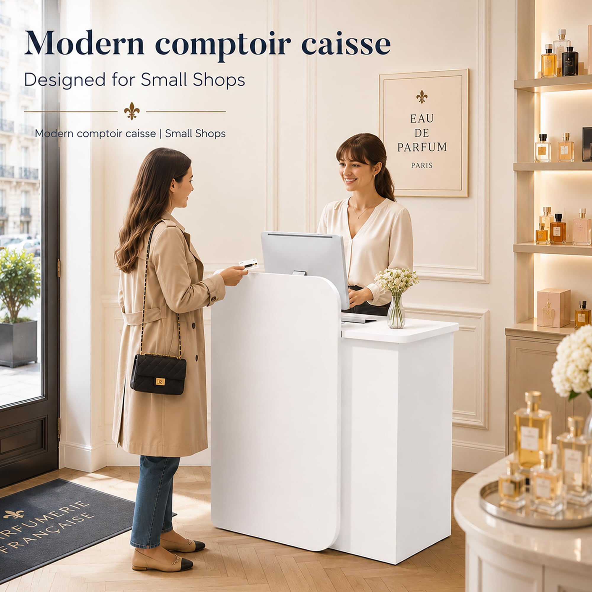 Comptoir Caisse Compact, 2 Tiroirs à Serrure, Passe-câbles