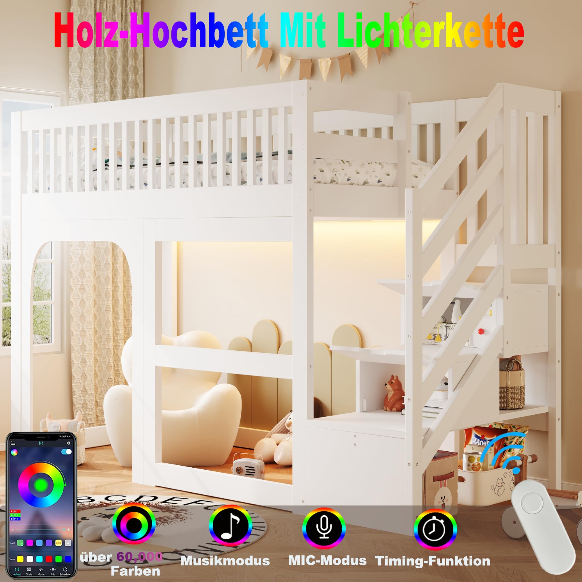 SACOOL Cama alta para niños de 90 x 200 cm con puerta y ventana, con escalera ascendente con espacio de almacenamiento, espacio de almacenamiento abierto debajo de la cama, barandilla de seguridad y