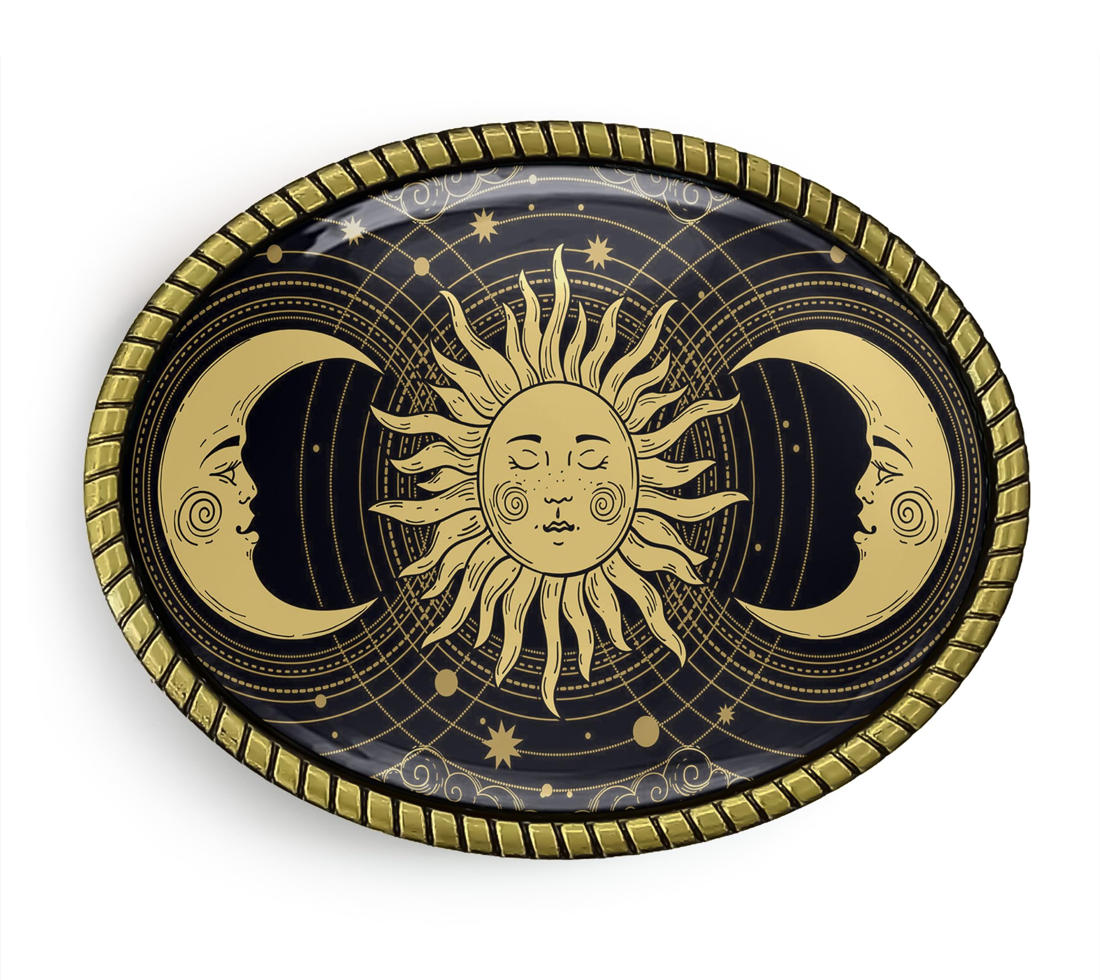 Esoteric Tarot Card Belt Buckle - Celestial Sun and Moons Handmade Artisan Buckle (Antique Gold)