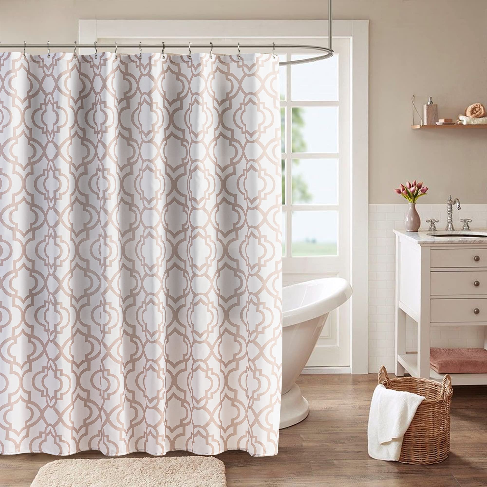 Uttermara Fabric Shower Curtain with 12 Stainless Steel Hooks, Polyester Waterproof Quick-Drying Bathroom Curtain, Weighted Hem Morocco Prints Decorative 72 x 72 Inches Curtain, Brown