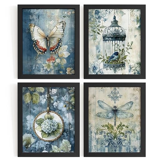 DSHFG Navy Blue Vintage French Country Cottagecore Wall Art Room Decor, Rustic Farmhouse Spring Decorations for Home Bathroom Kitchen Bedrooom Living Room, Set of 4, 8x10 Unframed