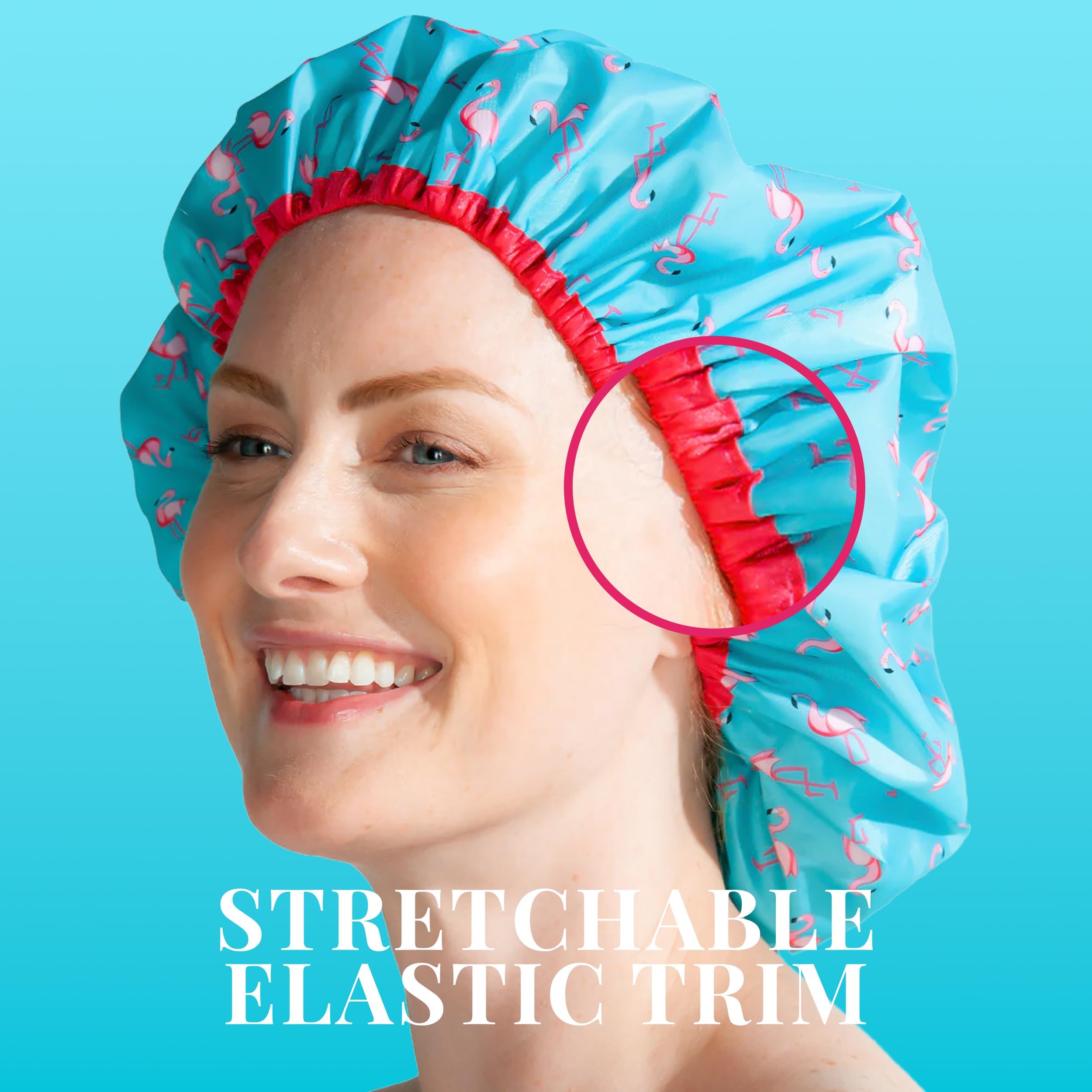 Reusable Shower Cap & Bath Cap & Lined, Oversized Waterproof Shower Caps Large Designed for all Hair Lengths with PEVA Lining & Elastic Band Stretch Hem Hair Hat - Fashionista Flamingo Party