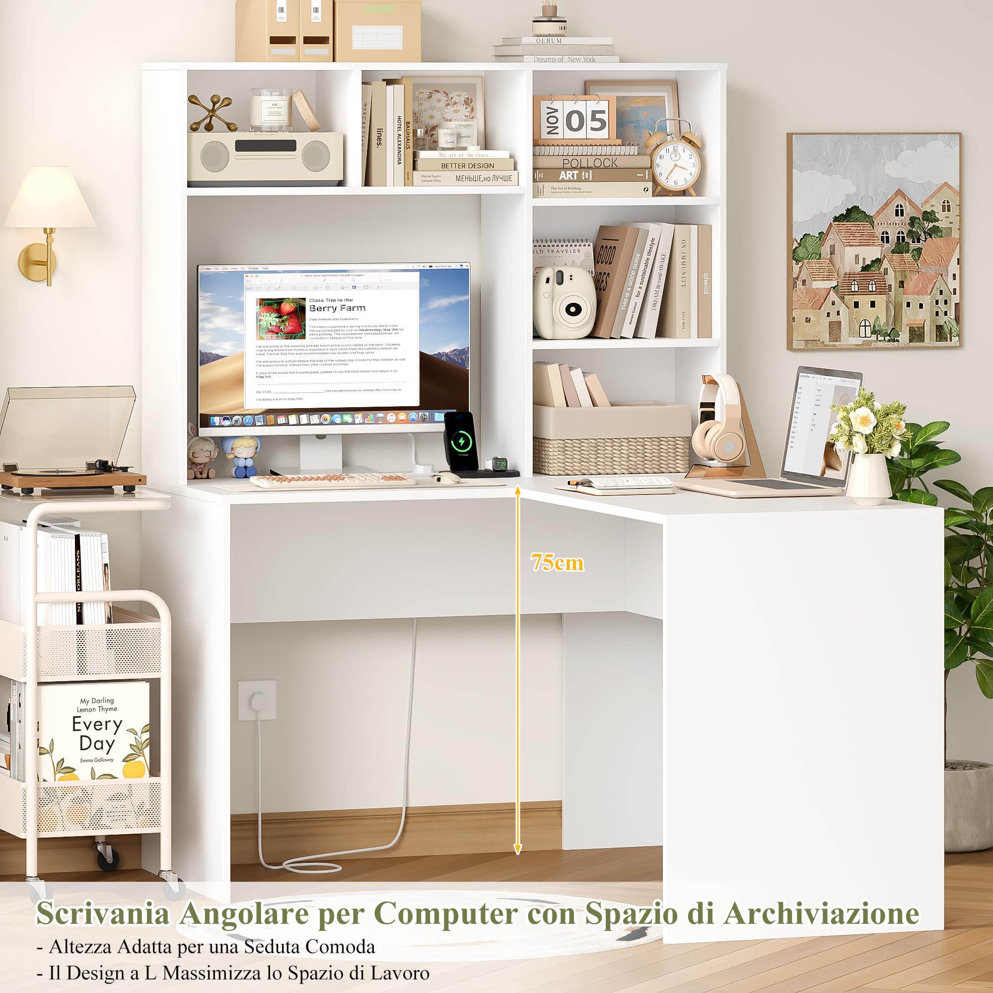 FirFurd Scrivania Angolare con Libreria, 2 Prese AC e 2 Porte USB, Scrivania per Computer ad Angolo a Forma di L, Scrivania ad Angolo per PC con Ripiani in Legno per Ufficio e Casa 108x125x153 cm