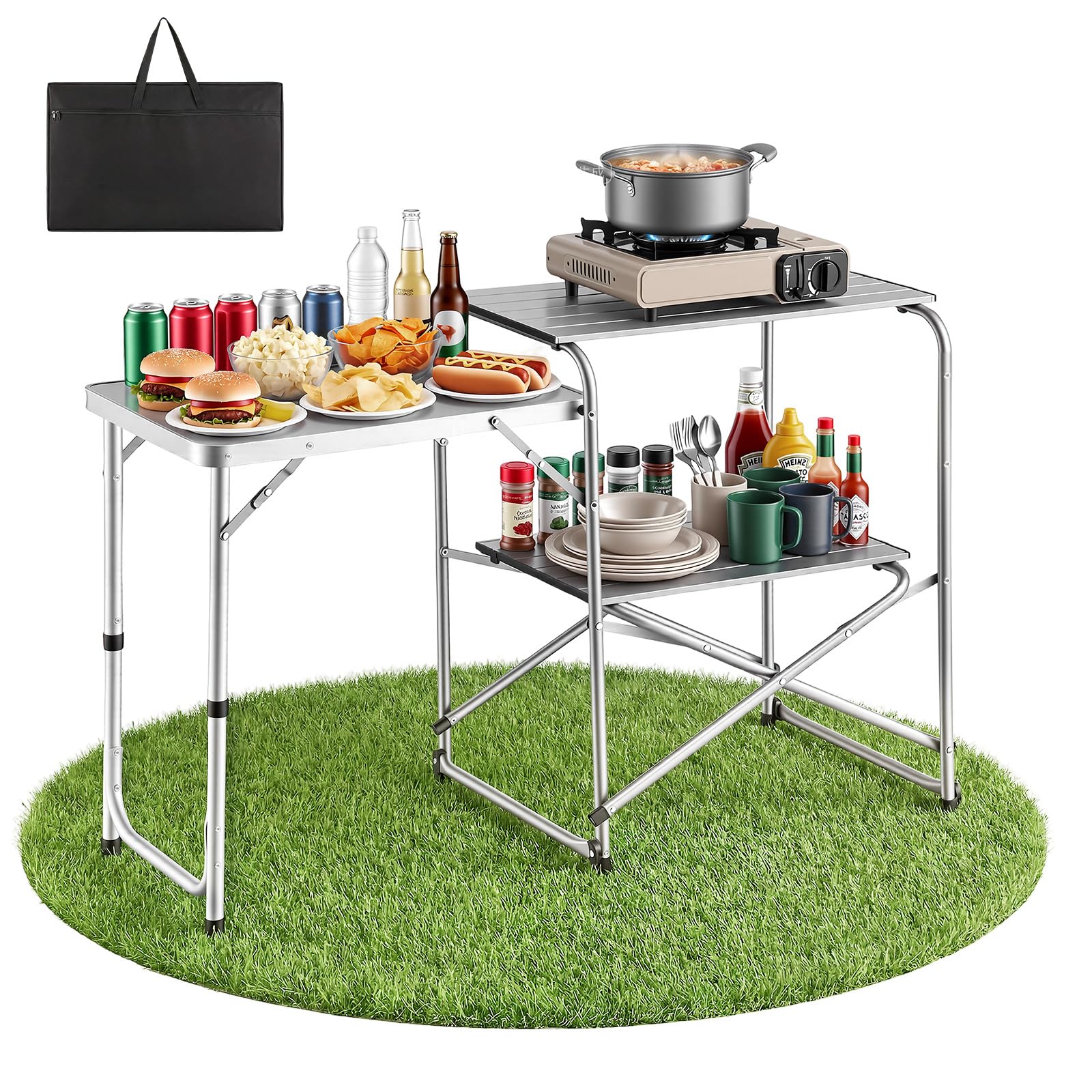 VEVOR Klappbarer Campingtisch, Campingkochstation mit Beistelltisch, Hitzebeständiger Tischplatte und Tragetasche, Tragbare Camping-Küchenstation Ideal für Picknick, Grillen und Wohnmobilreisen