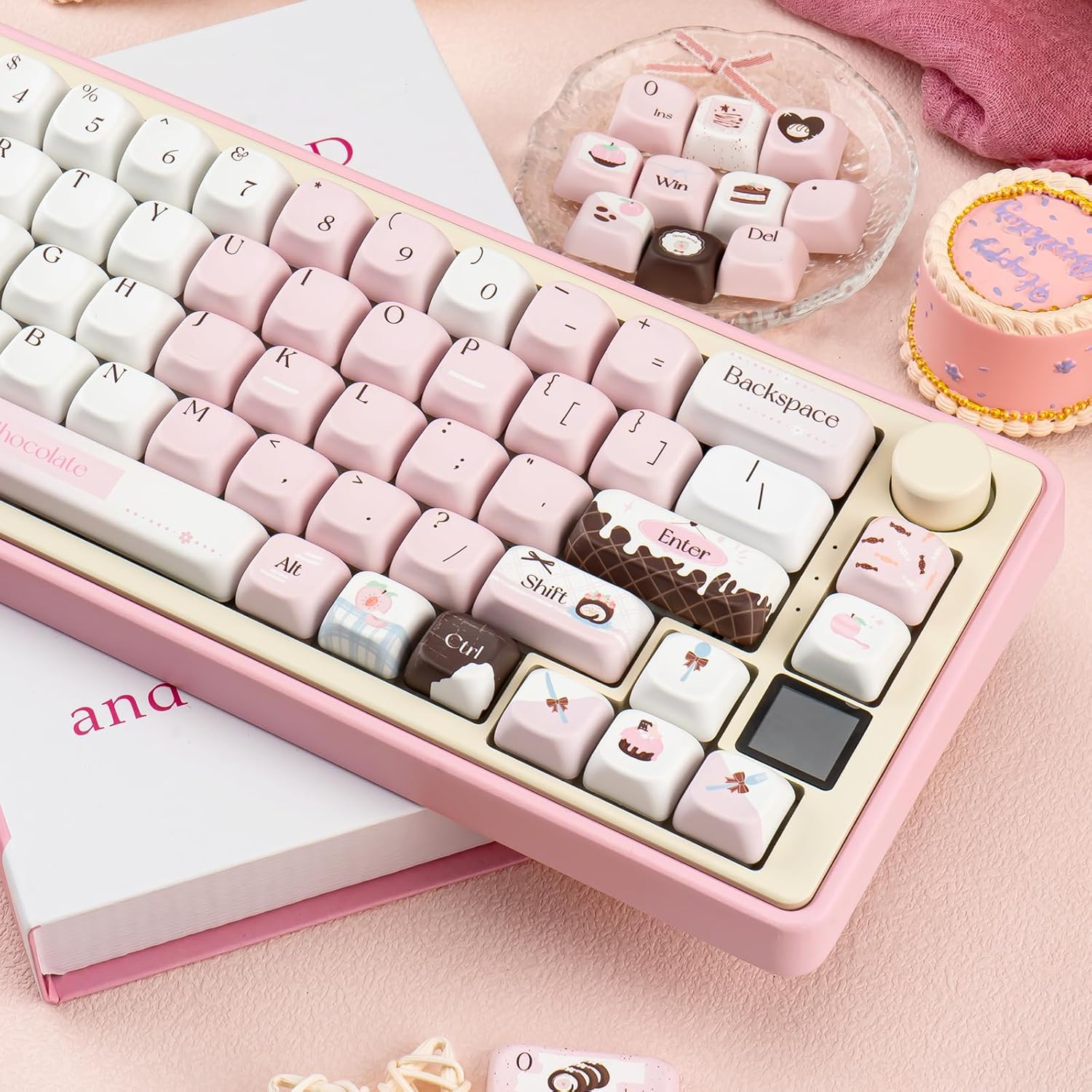 PBT Keycaps 130 Keys Pink White Keycaps Chocolate Themed Dye-Sublimation Cute Keycap MOA Profile Custom Keycap for Cherry Gateron MX Swithes Mechanical Gaming Keyboards