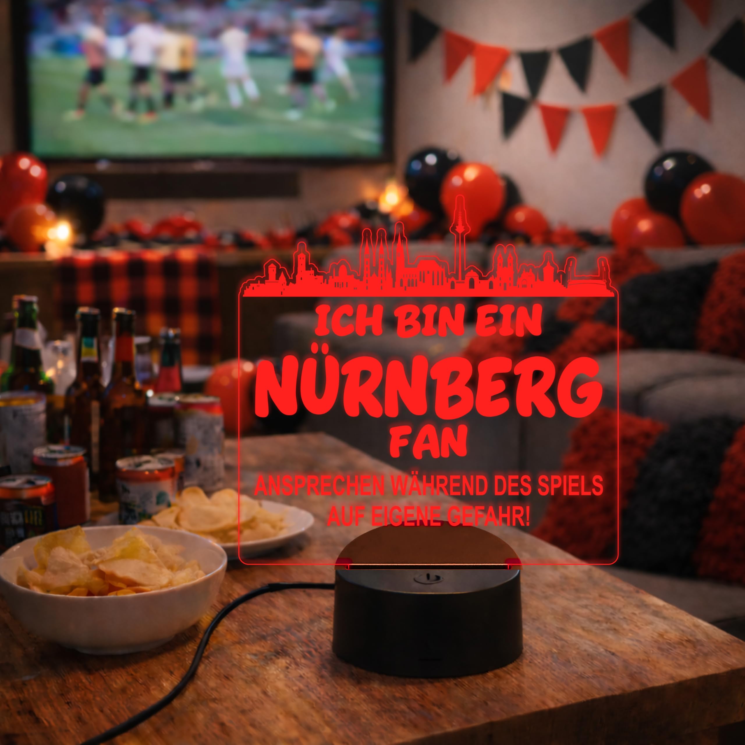 Lieblingsmensch Nürnberg Fan Fußball LED Nachtlicht – 3D Skyline Design „Ansprechen auf eigene Gefahr“ – RGB Farbwechsel mit Fernbedienung & Touch – Stimmungslicht für die Man Cave – 19x23cm