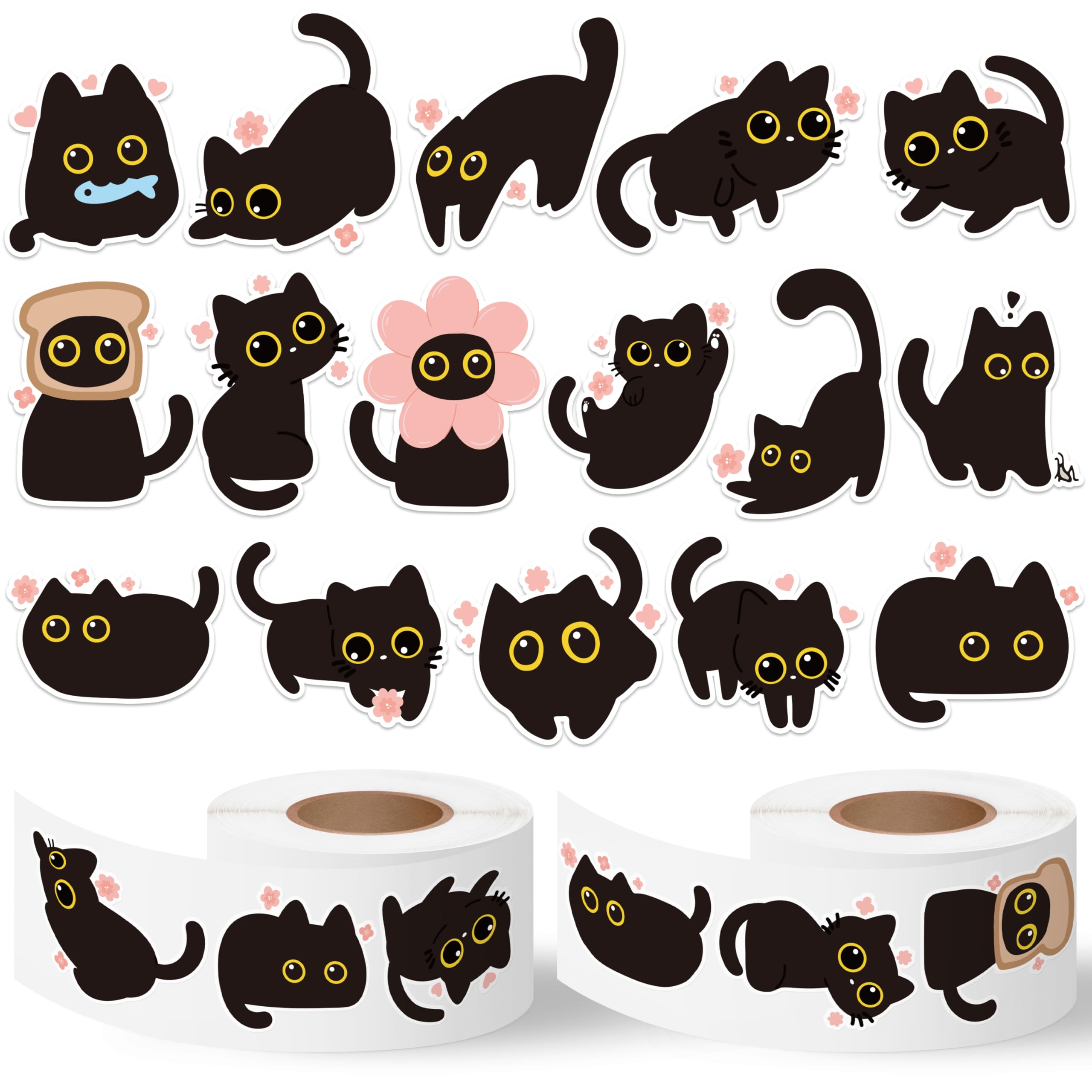 Black Cat Sticker Roll - 1000 Pcs Cute Black Cat Flower Waterproof Vinyl Reusable Laptop Stickers Coloring Book Scrapbook Water Bottle Page Activity Pad Birthday Party Favors Kids Skateboard