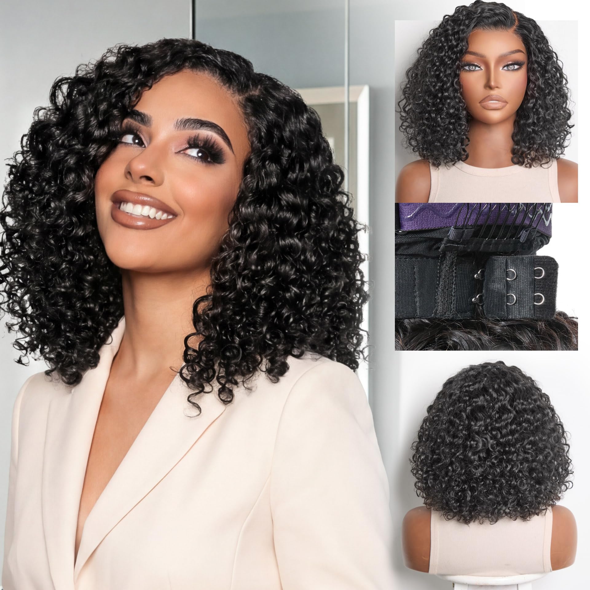 LUVME HAIR 100% Human Hair Wigs Curly Deep Wave Protective Wig Glueless Without Spray Lace Front 14 Inches, Pre Cut Plucked Hd Lace Short Wig Ready To