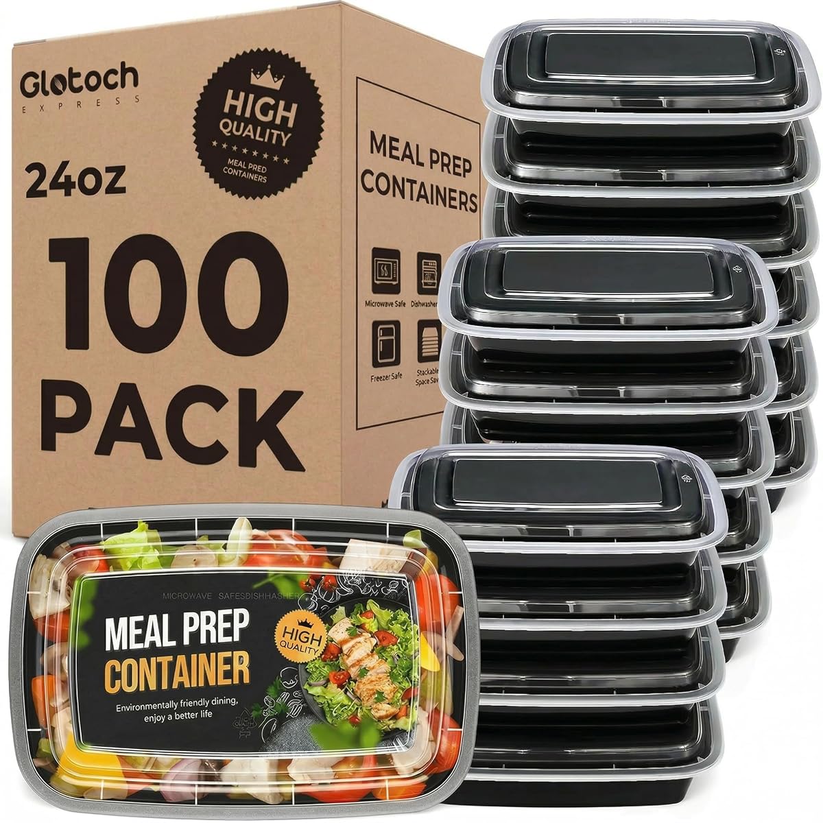 Meal Prep Containers 24oz-100 Pack (200-Piece) Reusable Food Storage Containers with Lids Microwave, Freezer, Dishwasher Safe - Leakproof & BPA Free Durable Plastic Bento Box for To Go Take Out