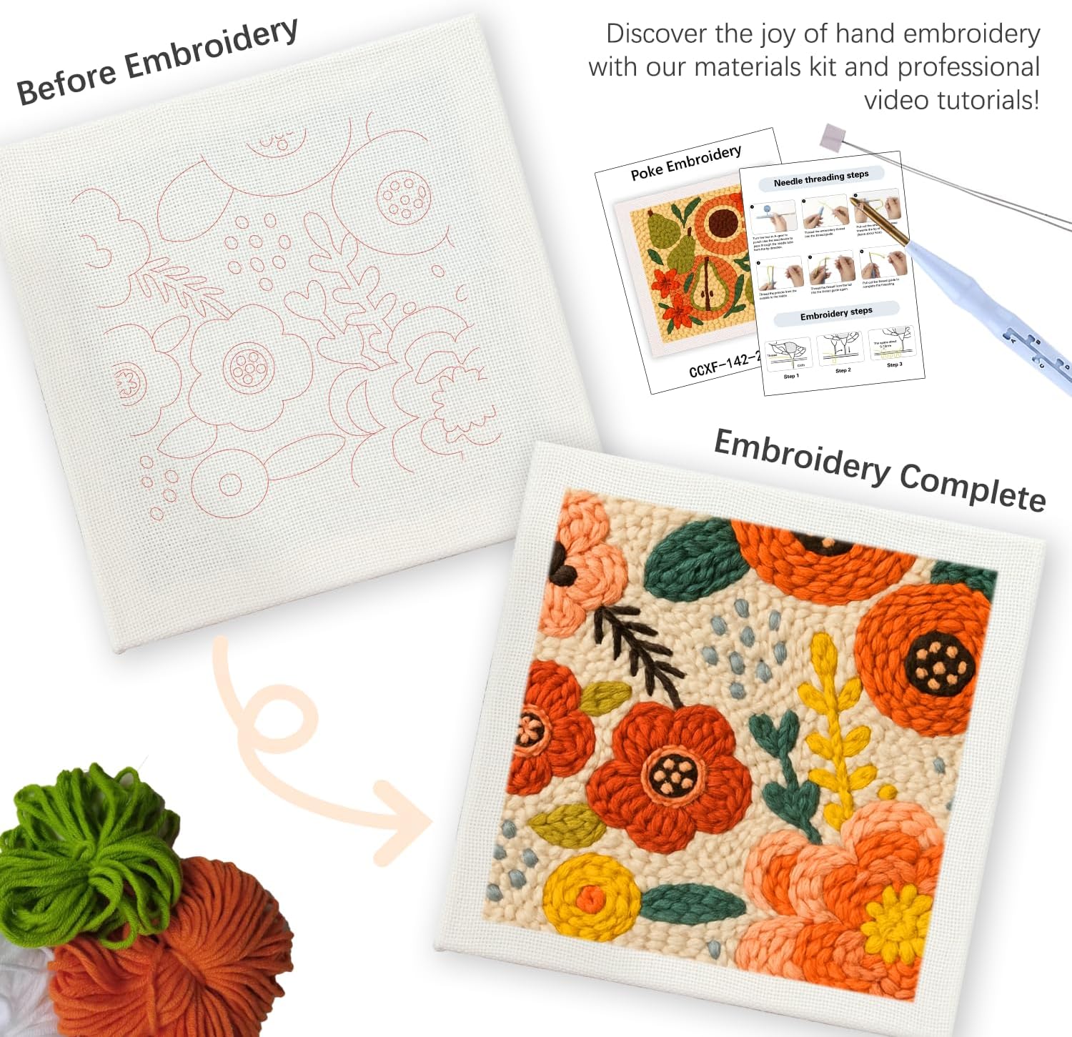 SDOYUNO Punch Needle Kit with Frame for Adults Beginners Kits 9.84 x 9.84 Inch Embroidery Starter Kits Punch Needle Kit with Flowers Pattern, Threader, Yarns, Rug Punch, DIY Craft Kits (Orange)