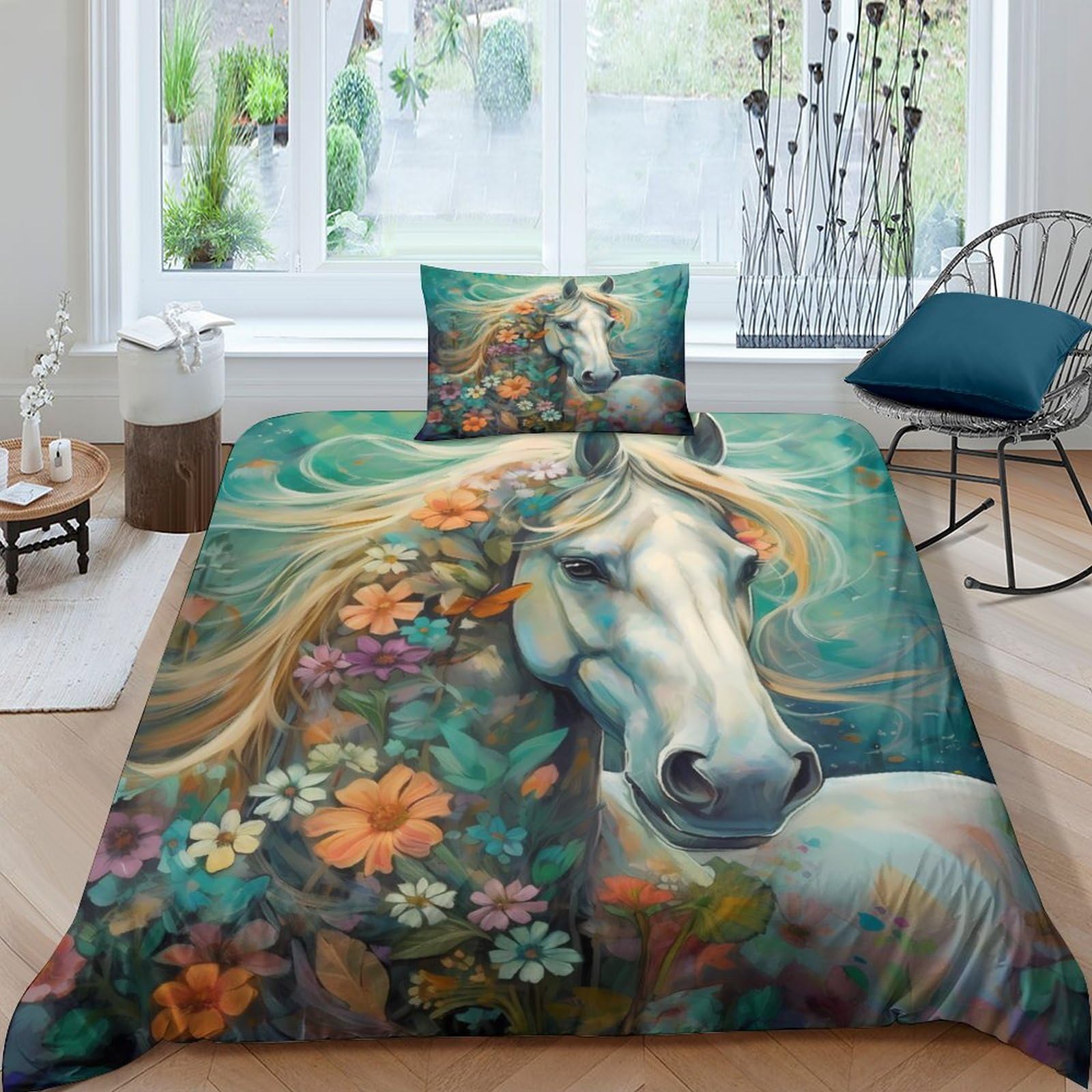 Housse de couette fleurs et chevaux 3D lit 1 personne 135x200 parure microfibre avec taies