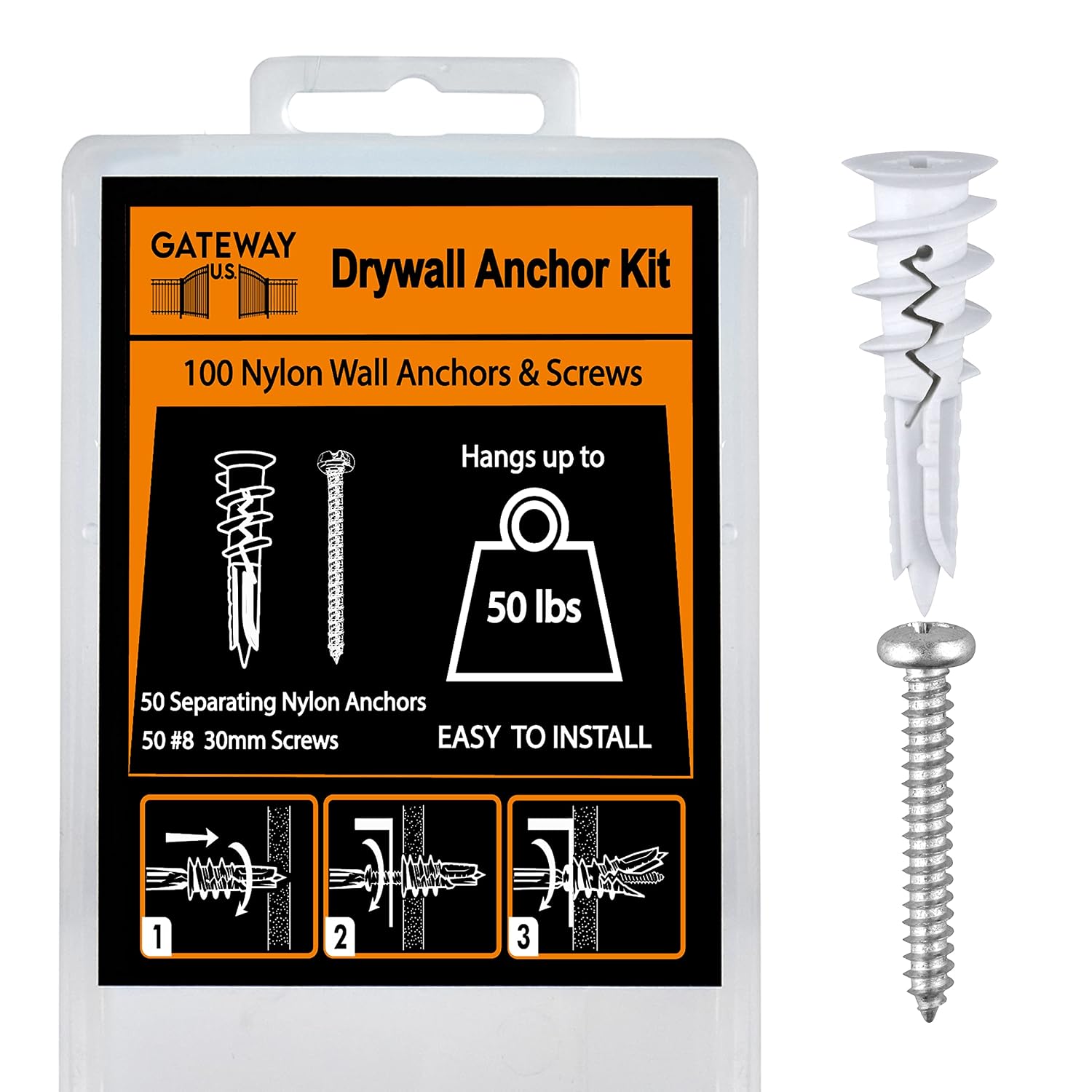 GATEWAY U.S. Premium Fiberglass Reinforced Nylon Drywall Anchors and Screws Kit - 50lb Rating - Hang Heavy Wall Art, TVs, Curtains, Cabinets, Towel Racks, Mirrors, and More (50 Pack)